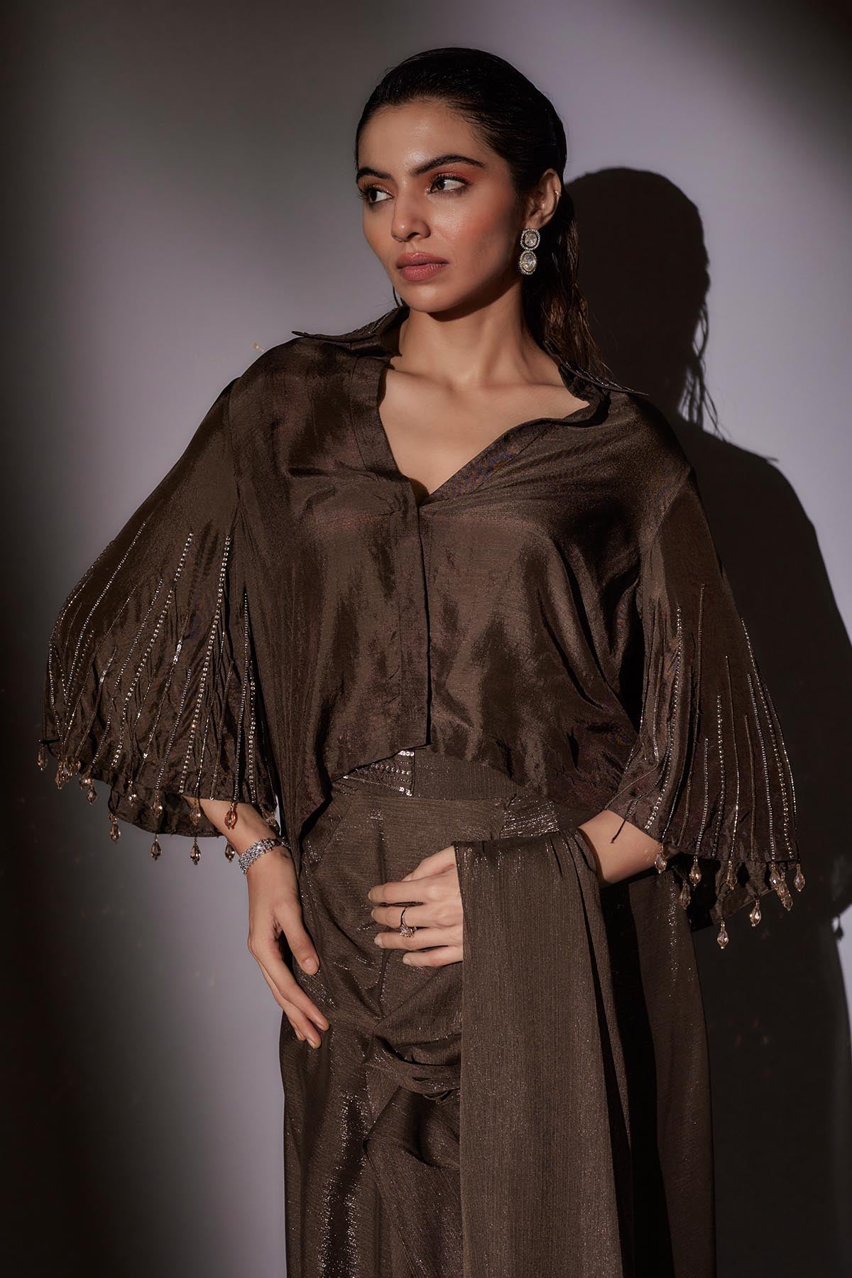 Brown Pre-Draped Saree & Blouse