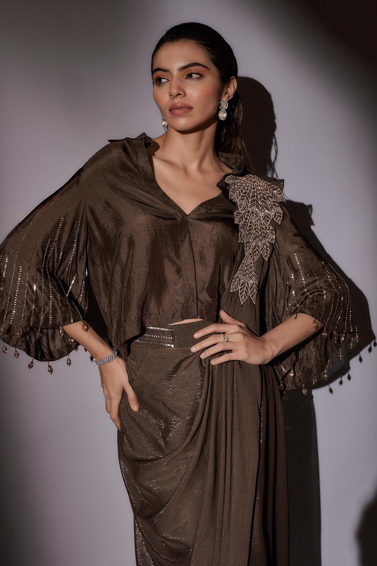 Brown Pre-Draped Saree & Blouse
