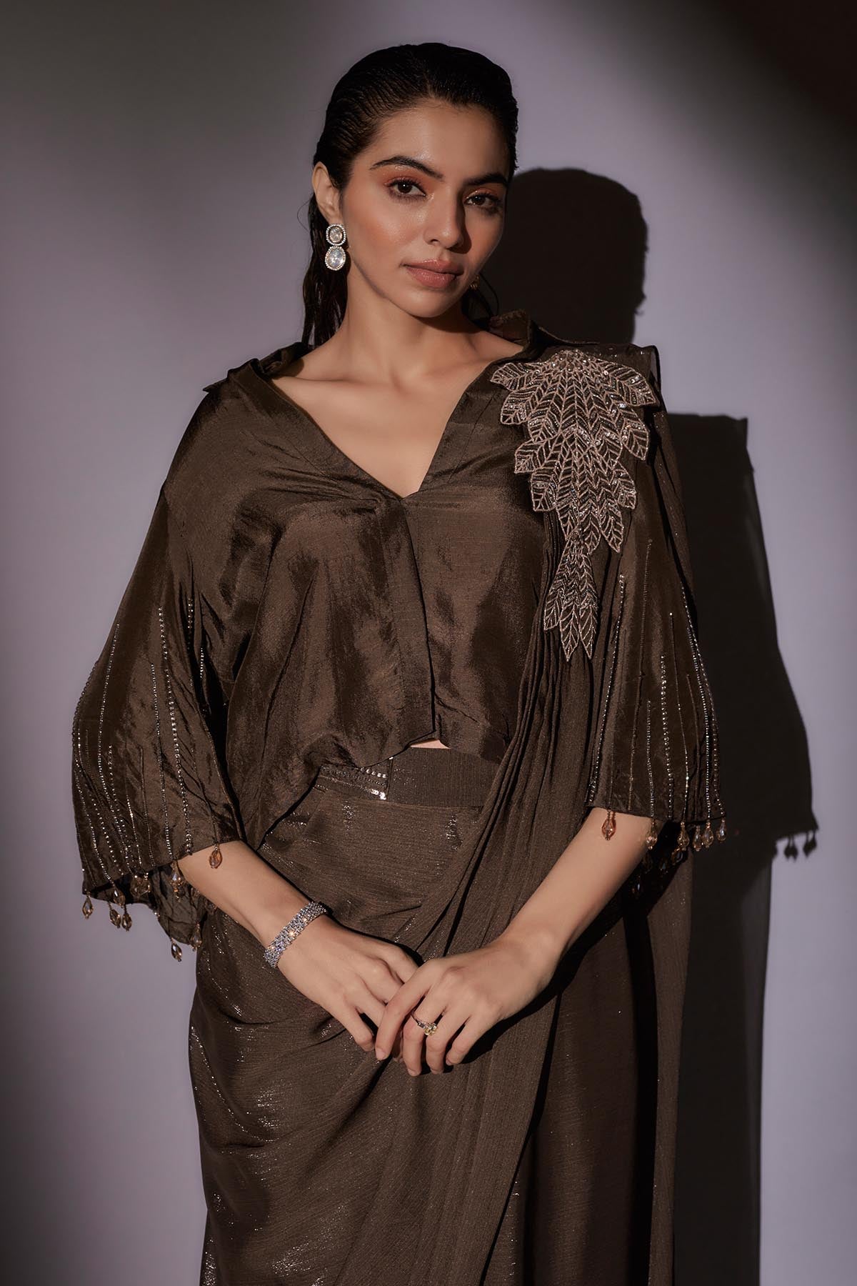 Brown Pre-Draped Saree & Blouse