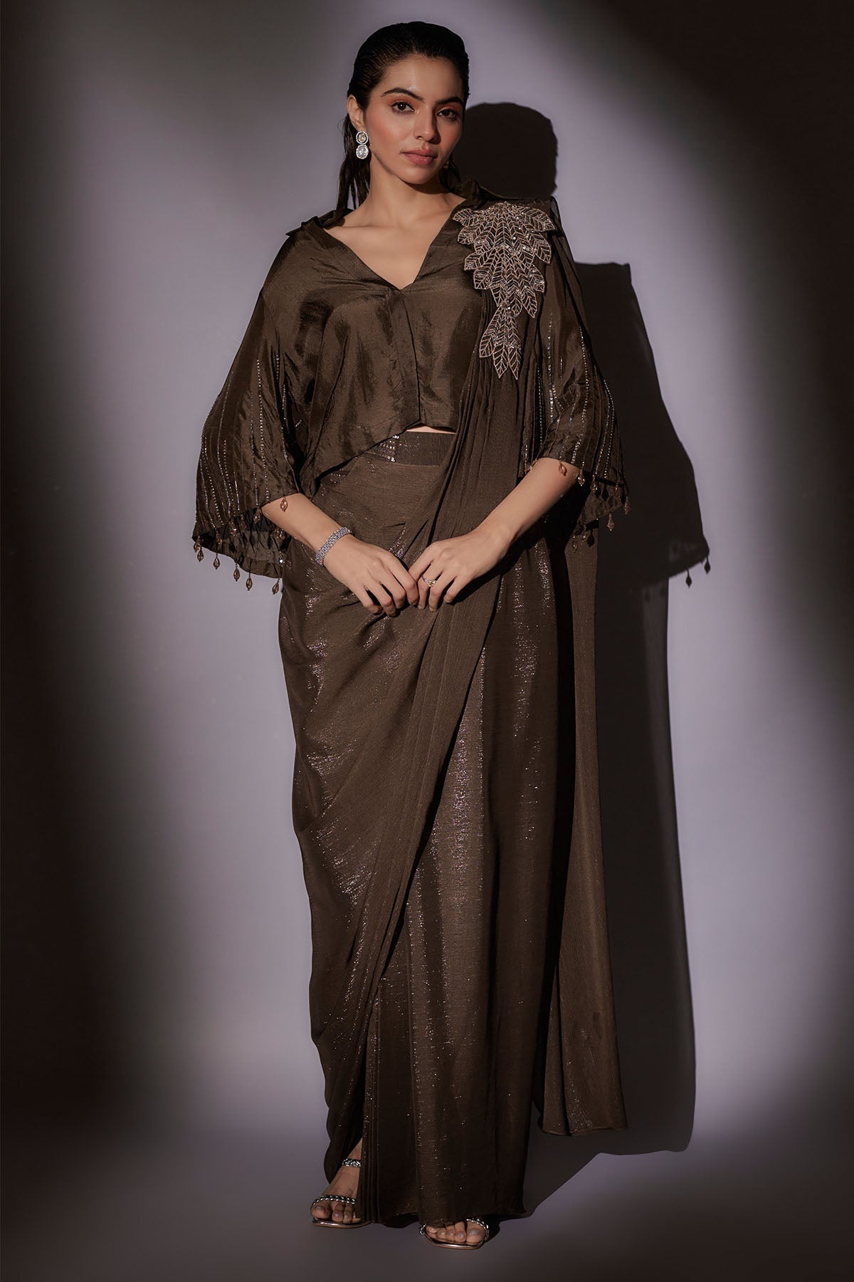 Buy Brown Pre-Draped Saree & Blouse by Ajiesh Oberoi for women online at ScrollnShops