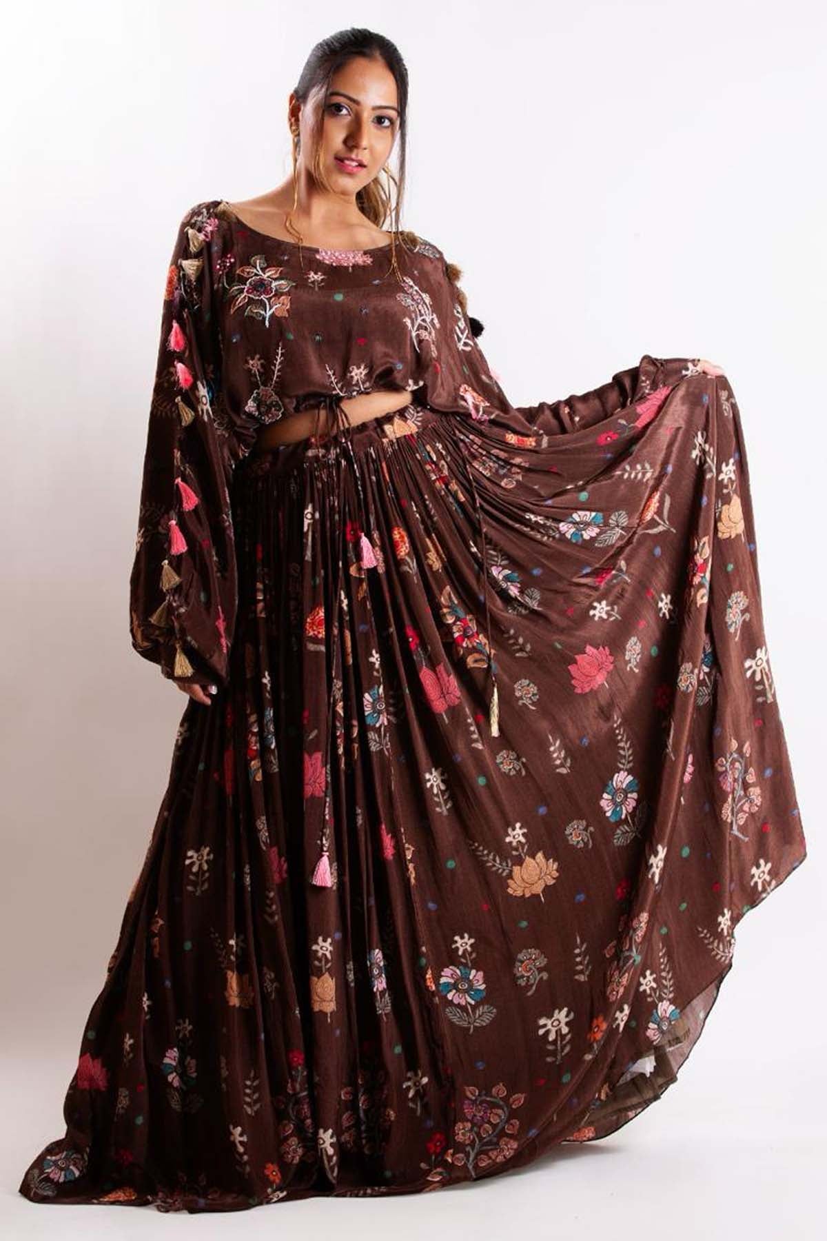 Niyami Brown Print Tassel Lehenga Set at ScrollnShops