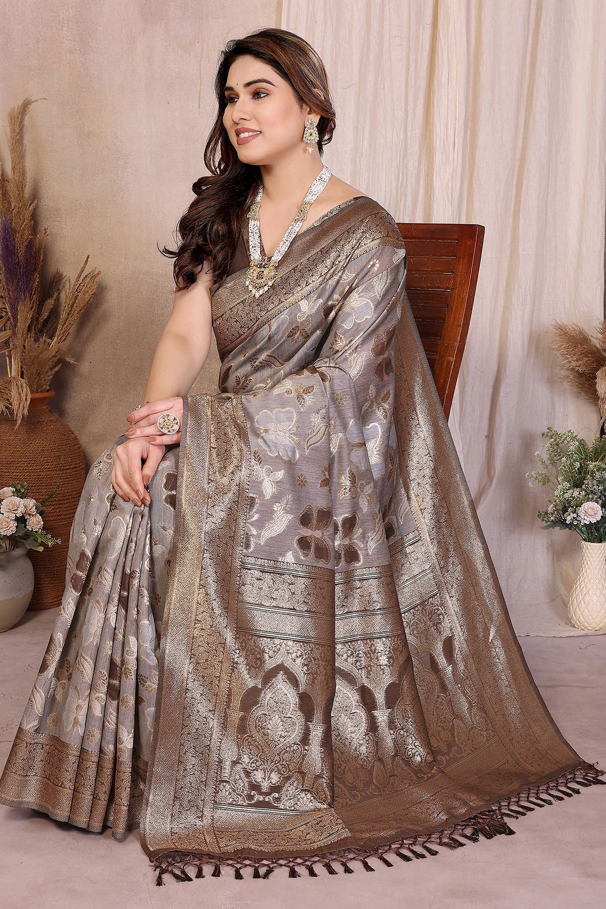 Brown Pure Cotton Tassel Saree