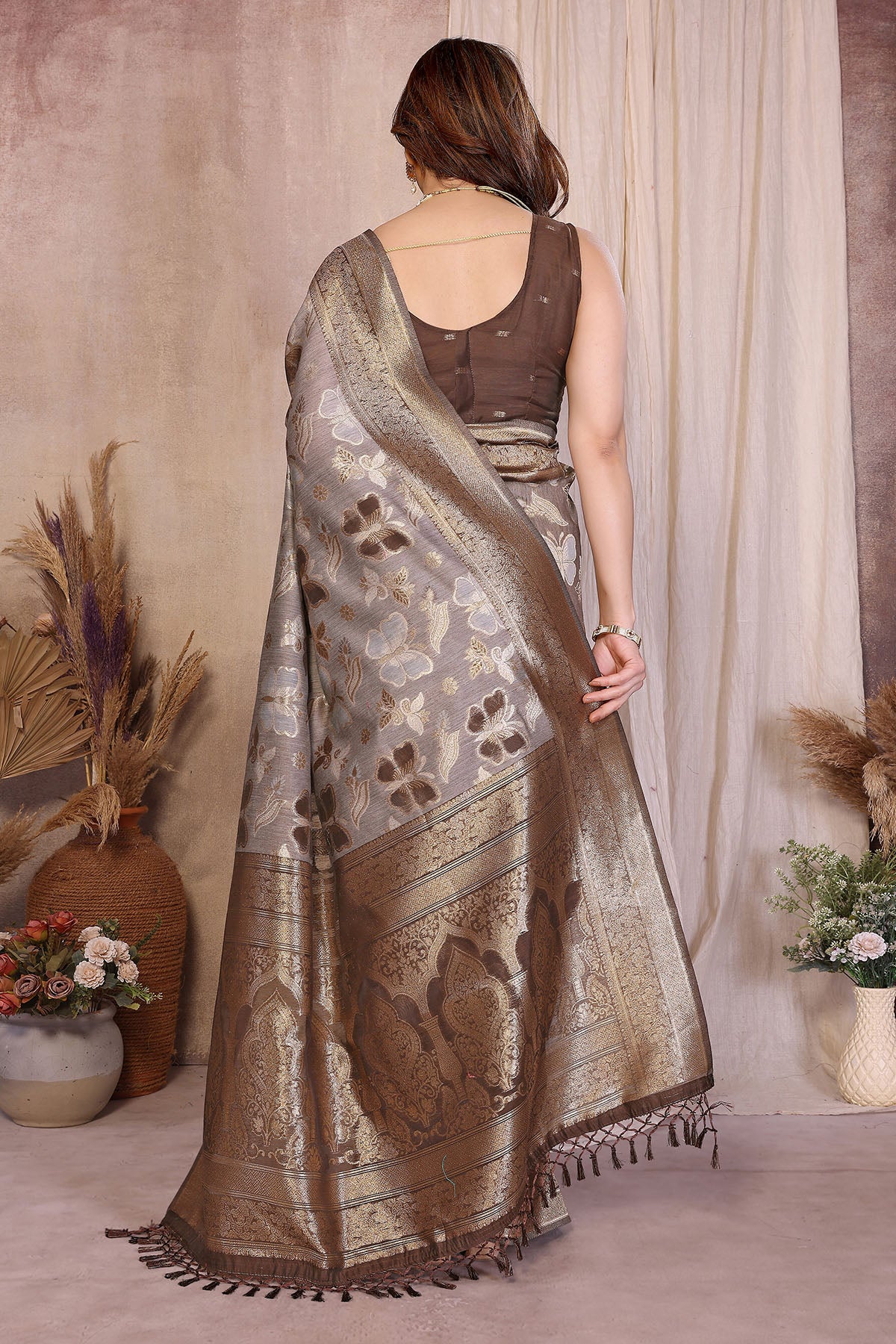 Brown Pure Cotton Tassel Saree