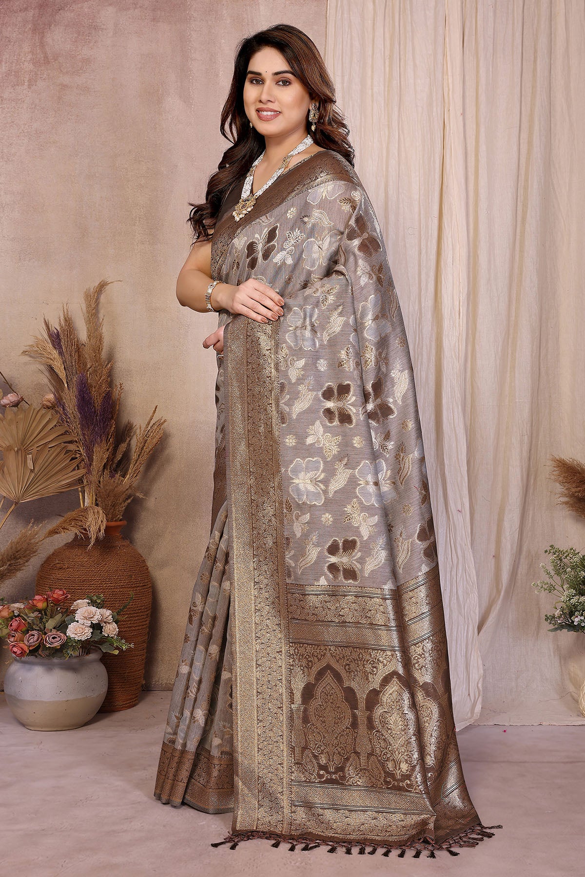 Brown Pure Cotton Tassel Saree