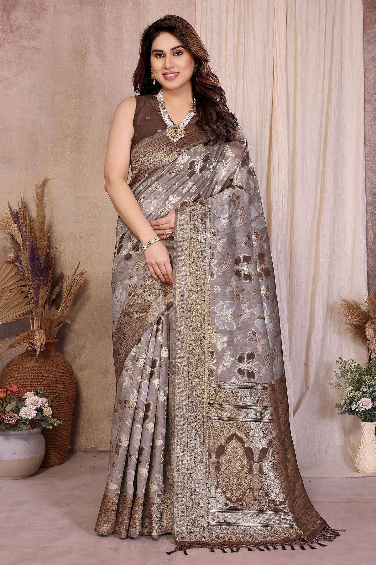 Buy Brown Pure Cotton Tassel Saree for women by Aastha Fashion online available at scrollnshops
