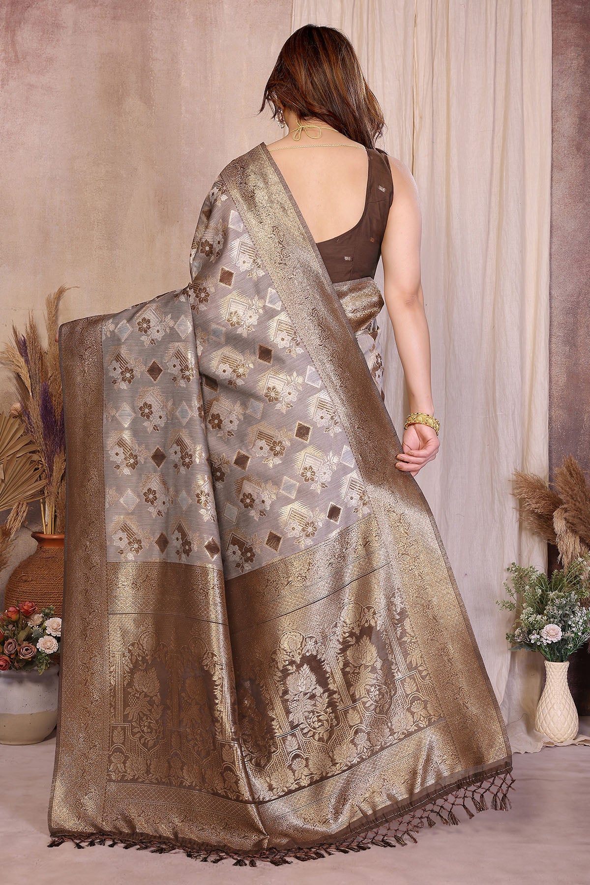 Brown Pure Jacquard Zari Saree
