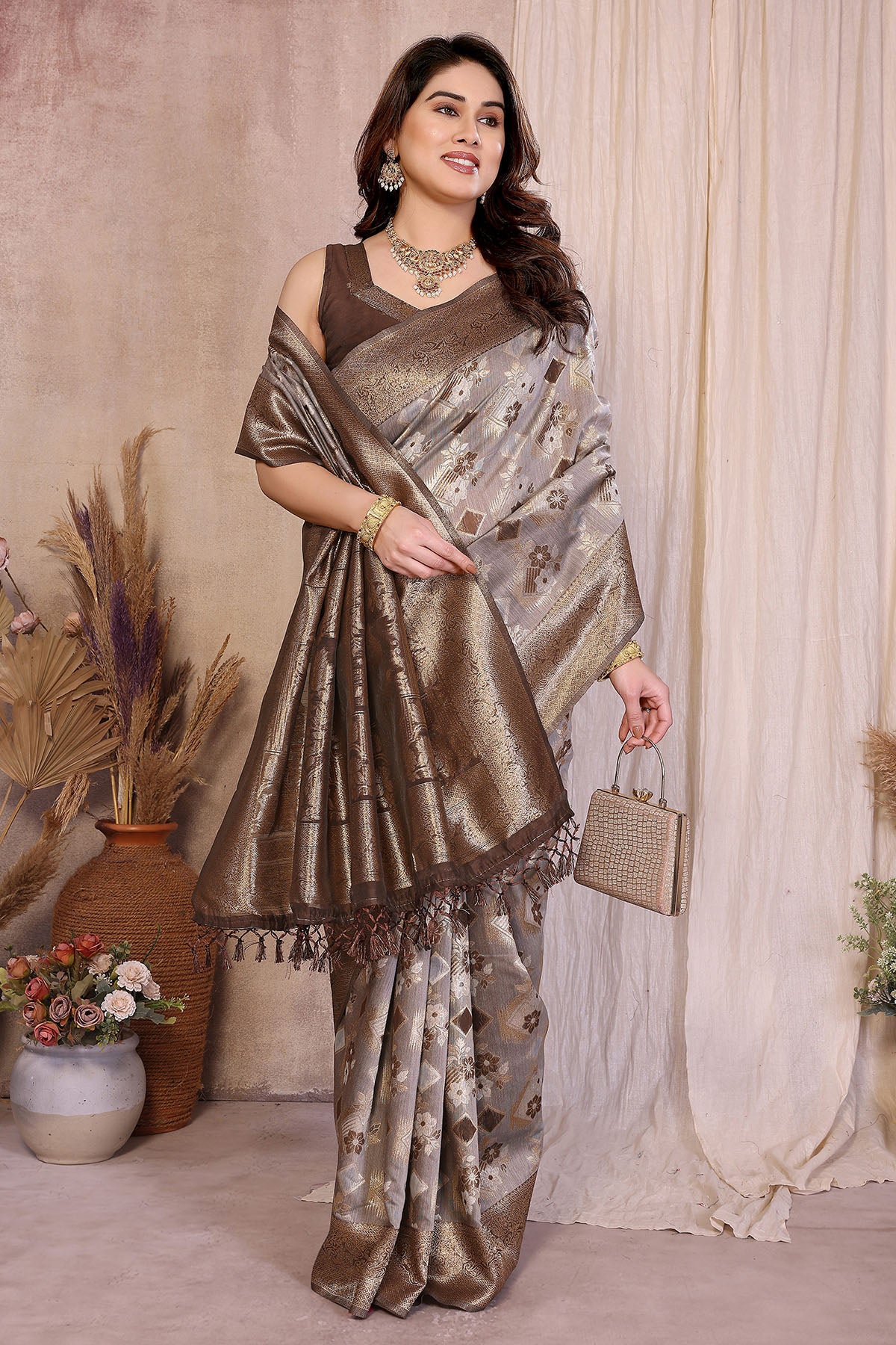 Brown Pure Jacquard Zari Saree