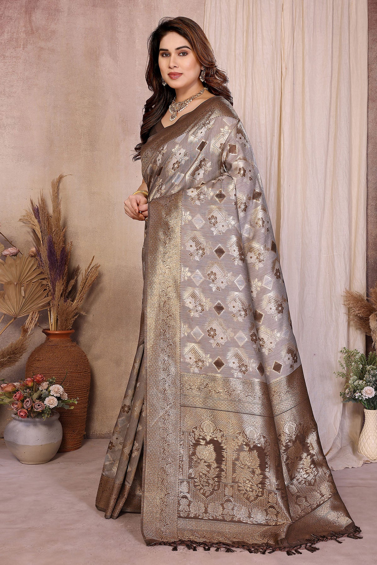 Brown Pure Jacquard Zari Saree