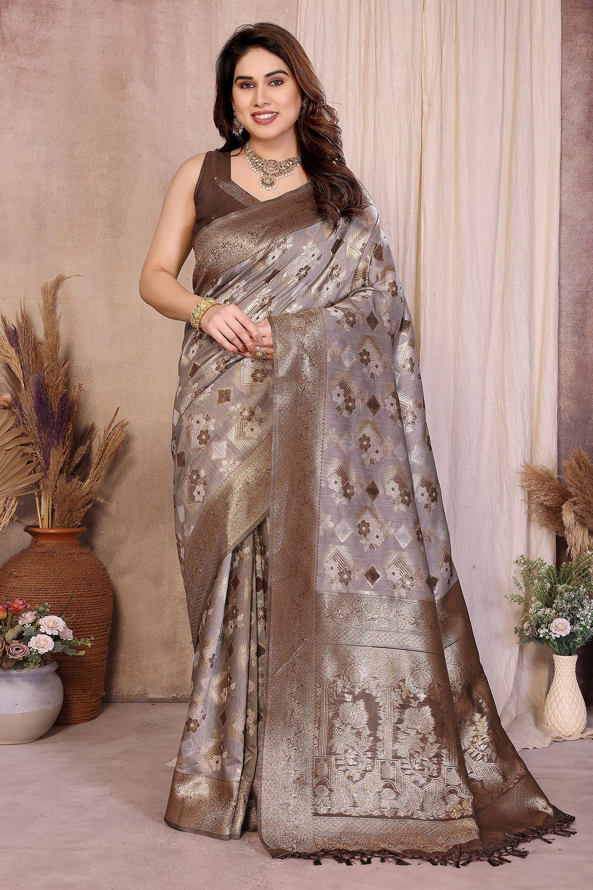 Buy Brown Pure Jacquard Zari Saree for women by Aastha Fashion online available at scrollnshops