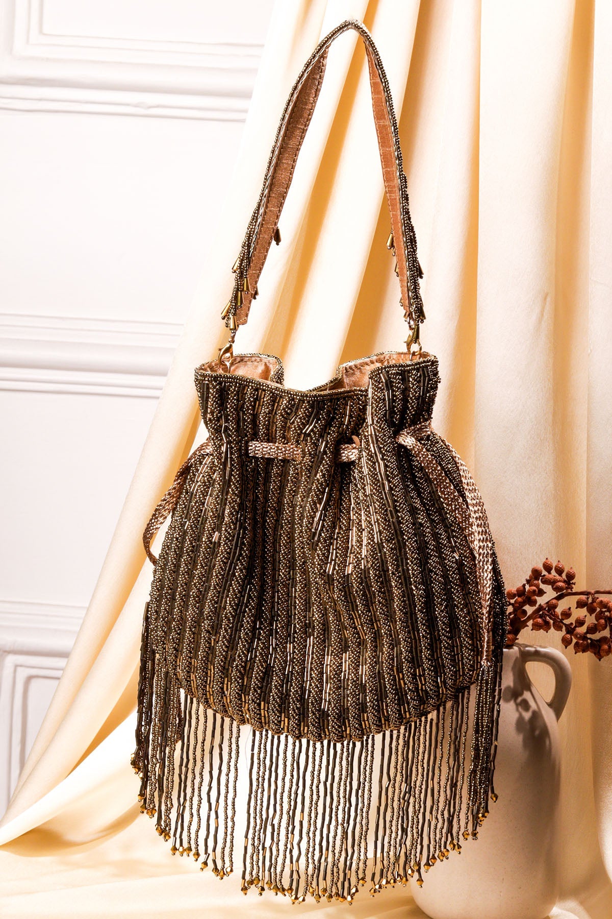 Buy Brown Raw Silk Beads Work Potli for women by the Purple sack online available at scrollnshops