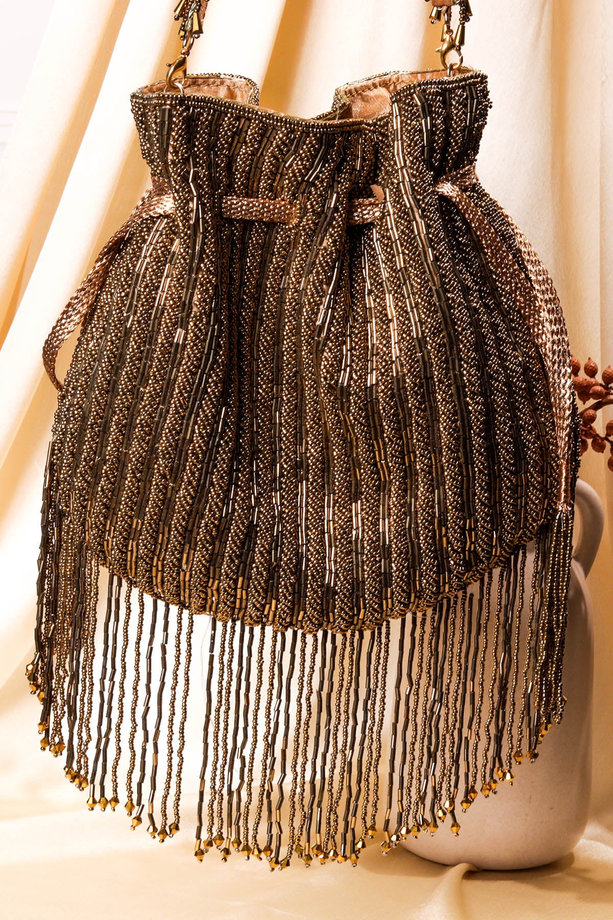 Brown Raw Silk Beads Work Potli