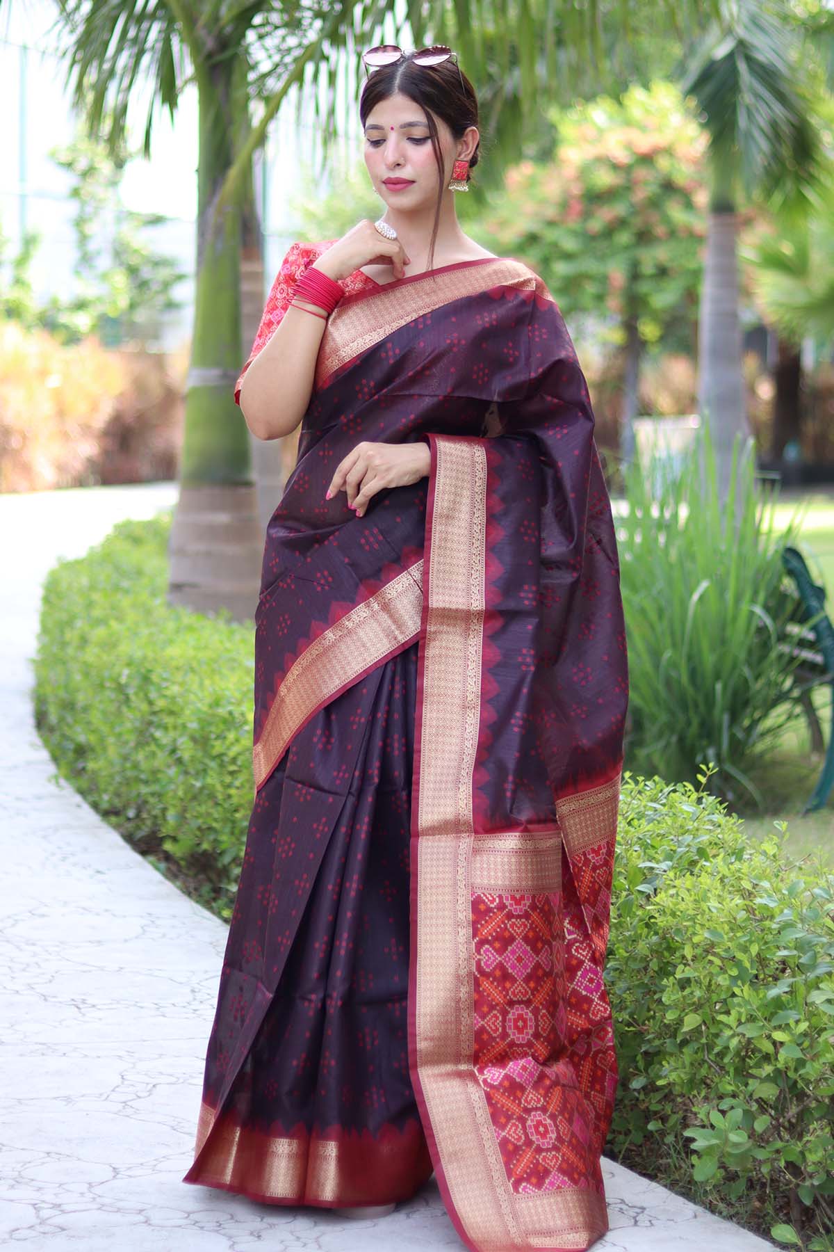 Buy Brown Raw Silk Patola Saree by Lili Lala for women online at ScrollnShops