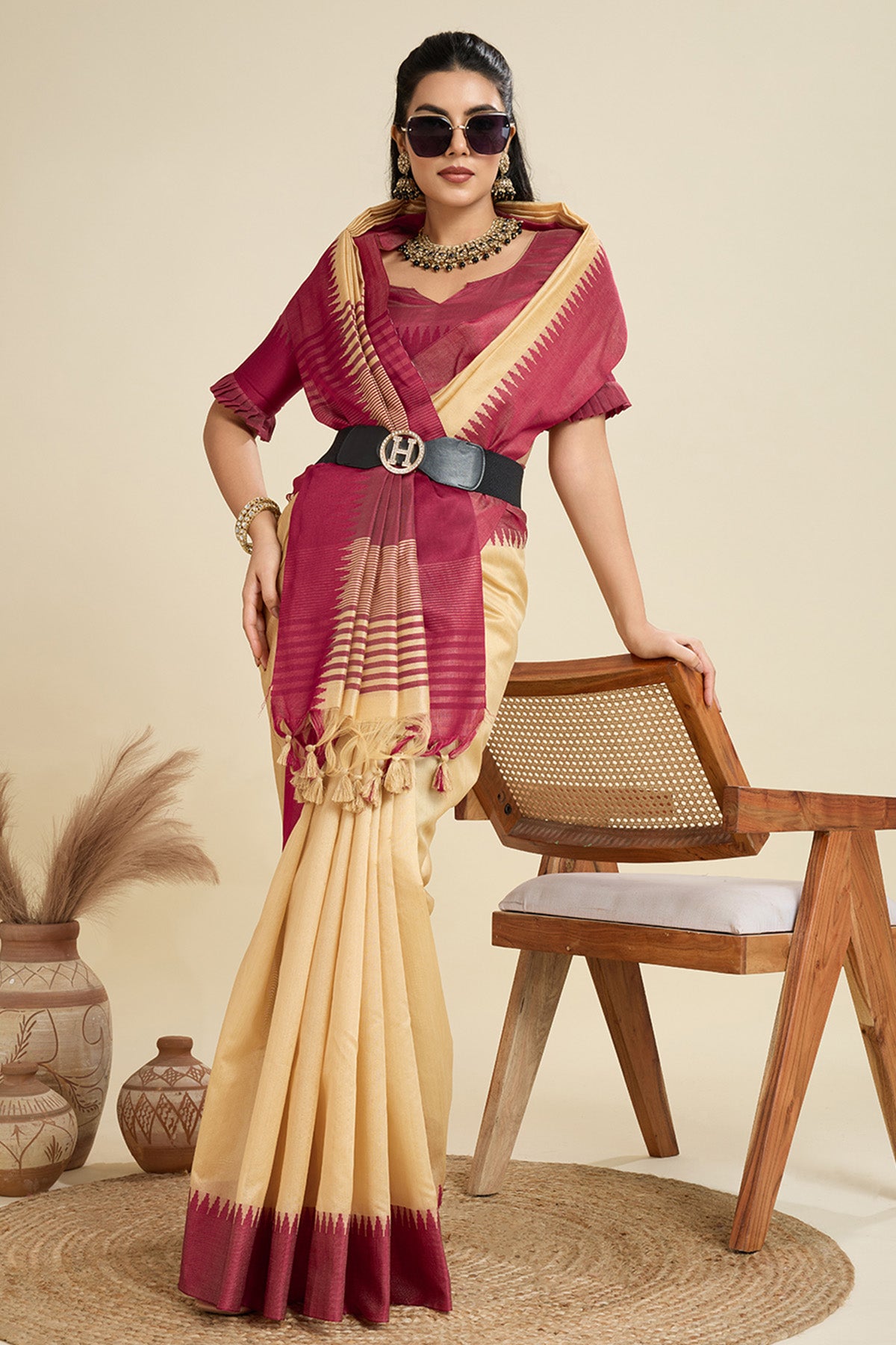 Brown Raw Silk Thread Work Saree