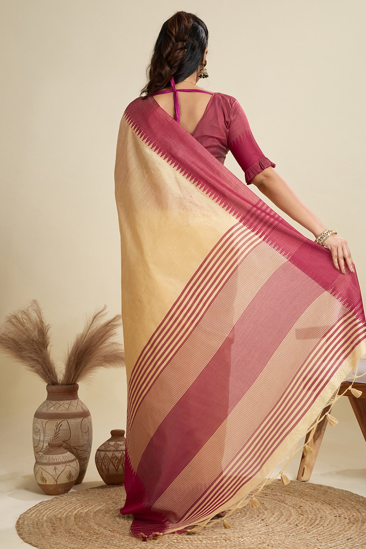 Brown Raw Silk Thread Work Saree
