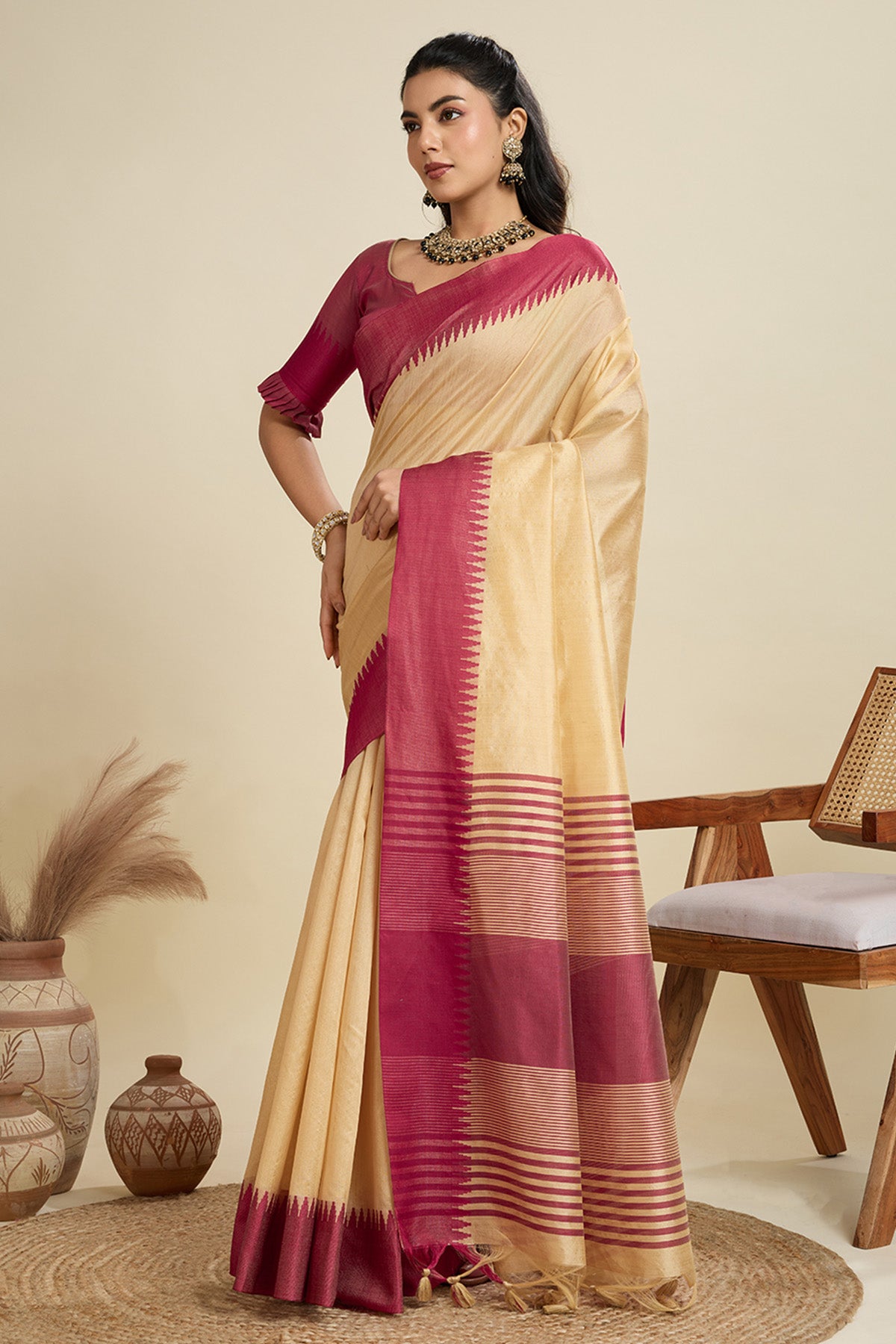 Brown Raw Silk Thread Work Saree