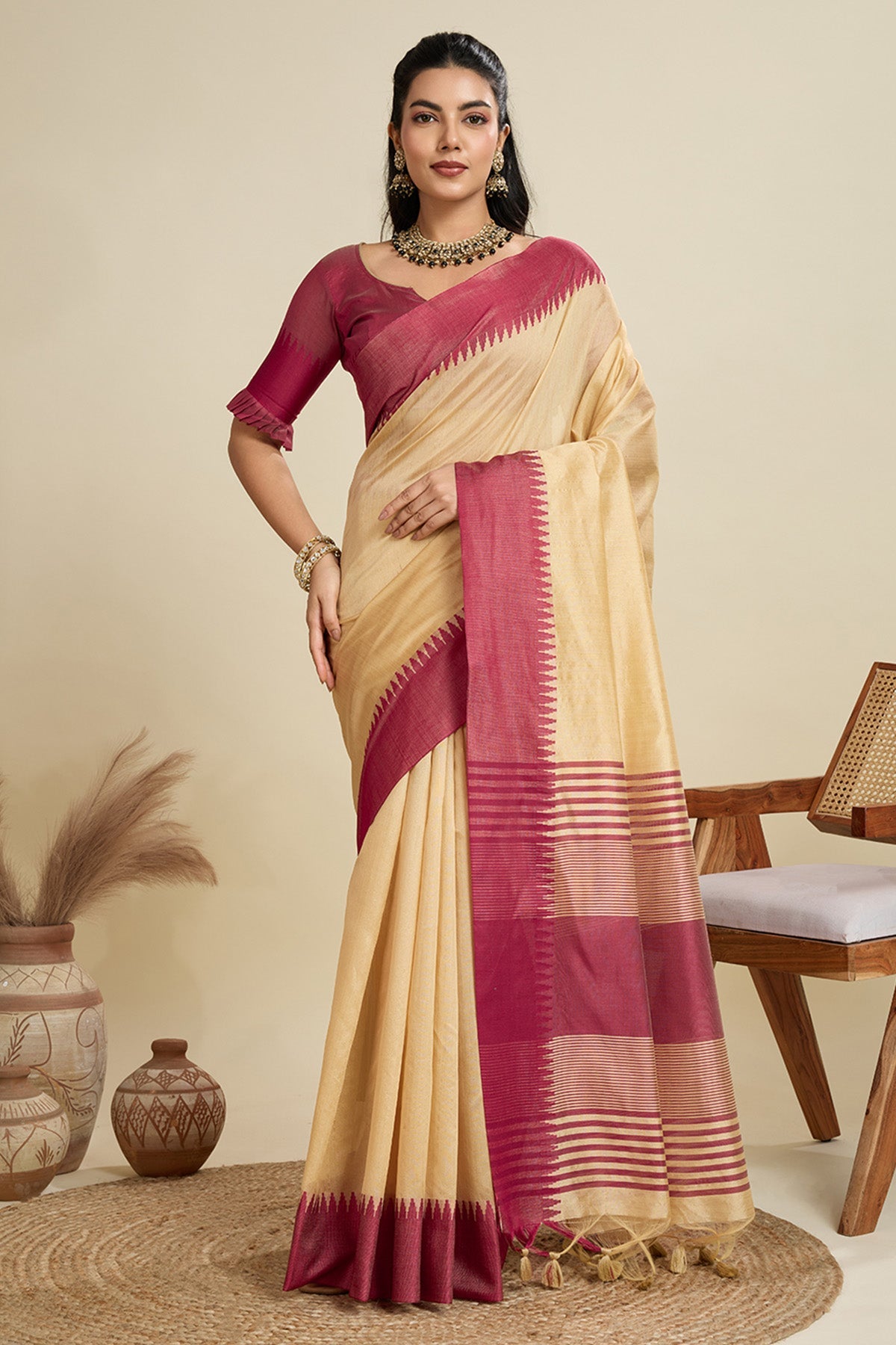 Buy Brown Raw Silk Thread Work Saree for Women Online available at ScrollnShops