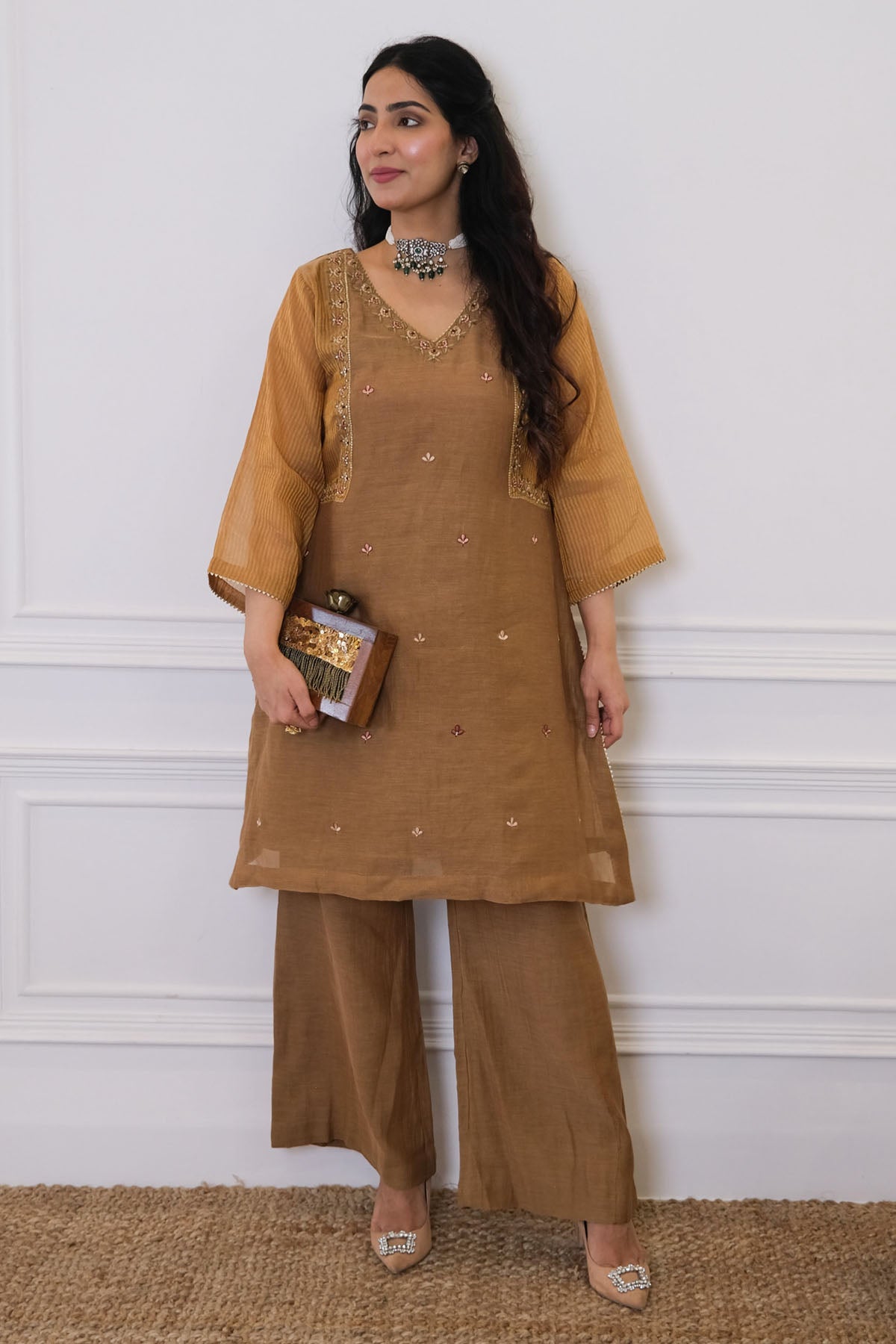 Label Pavneet Brown Resham Work Kurta Set for women online at ScrollnShops