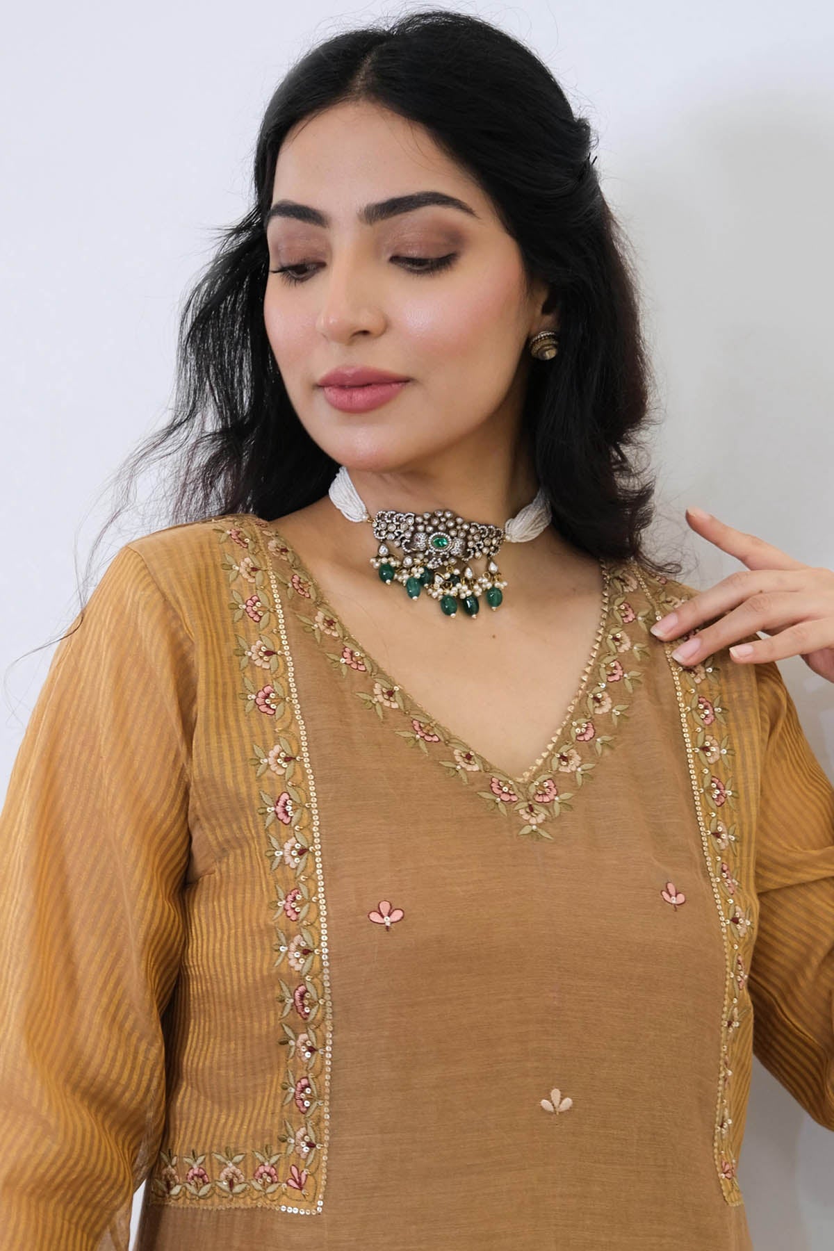 Brown Resham Work Kurta Set