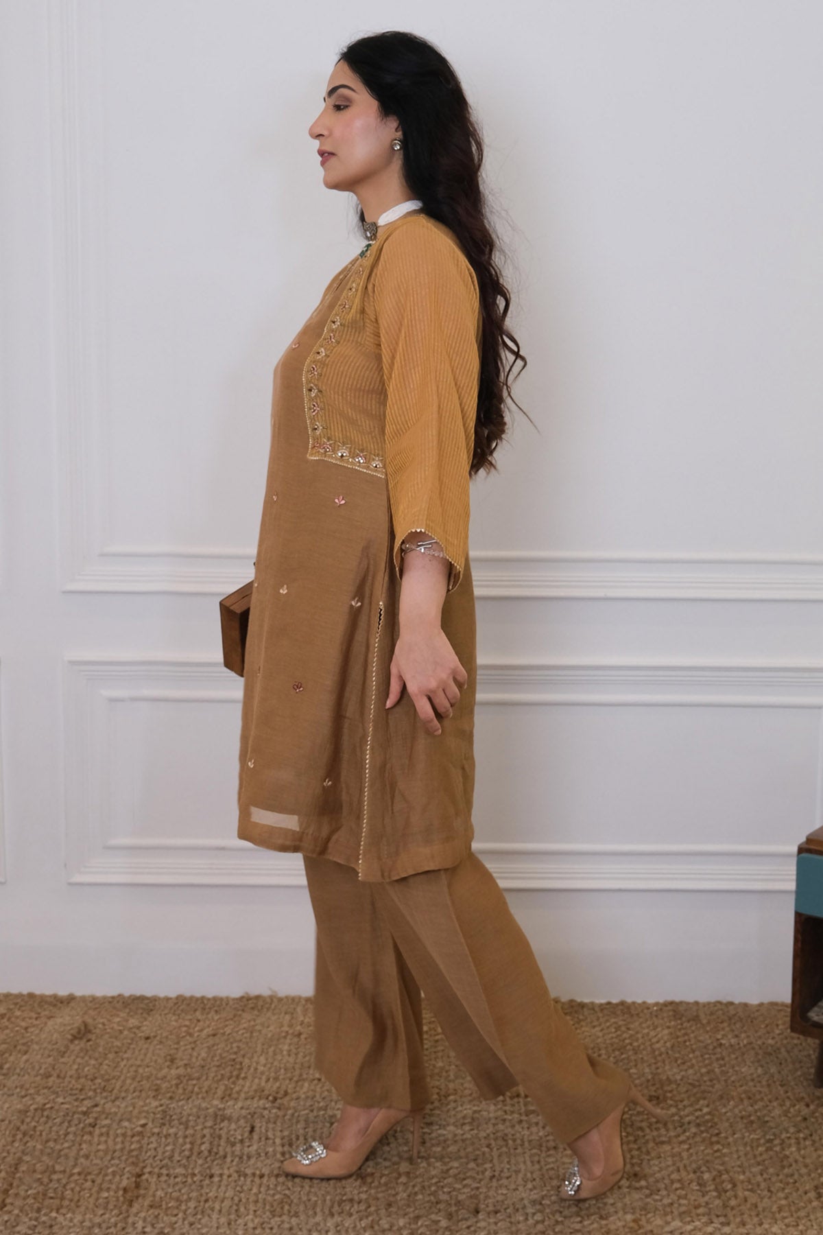 Brown Resham Work Kurta Set