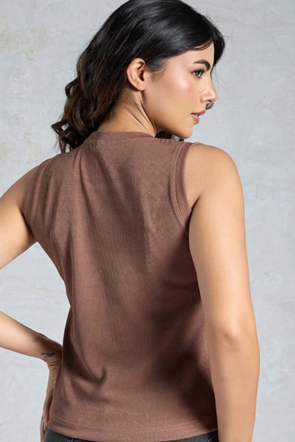 Brown Ribbed Knitted Plain Top