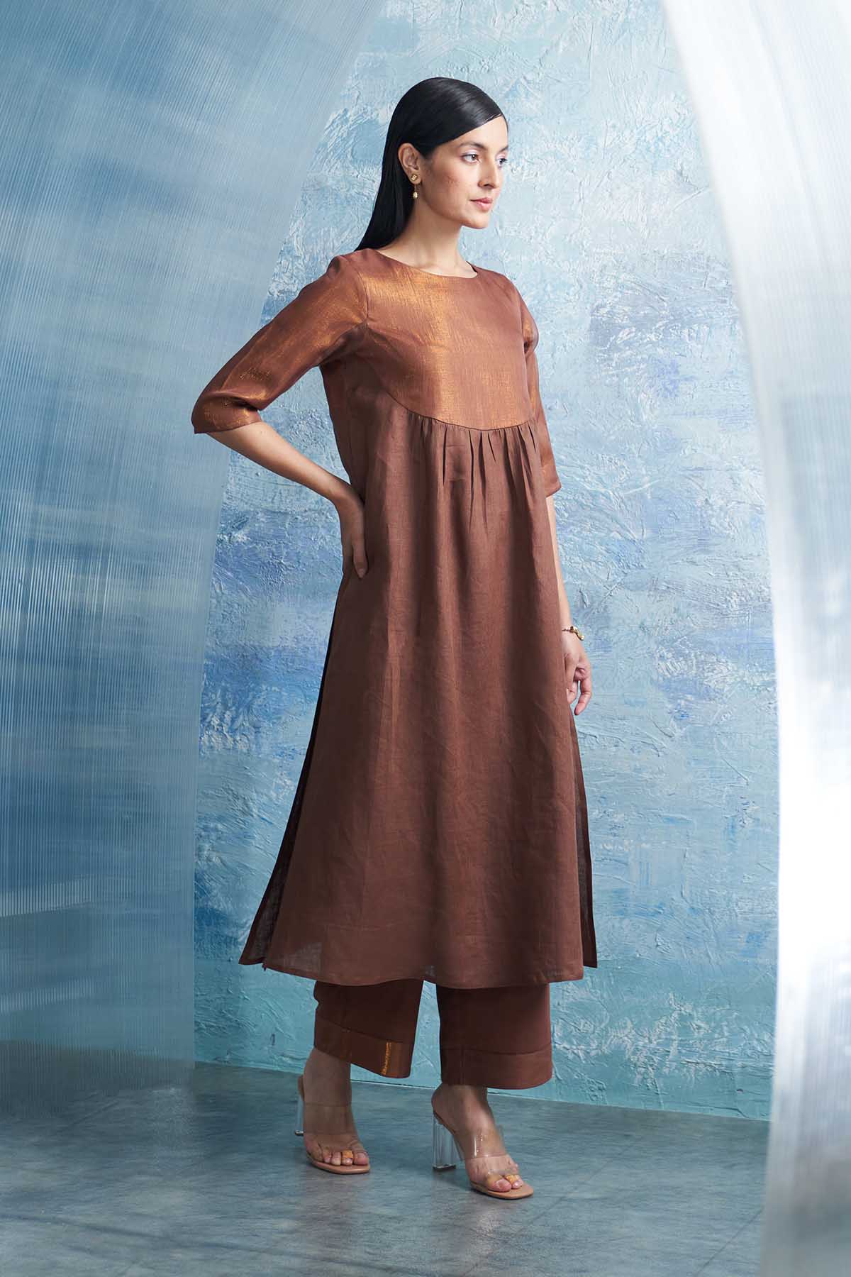 Brown Round Neck Long Kurta Set