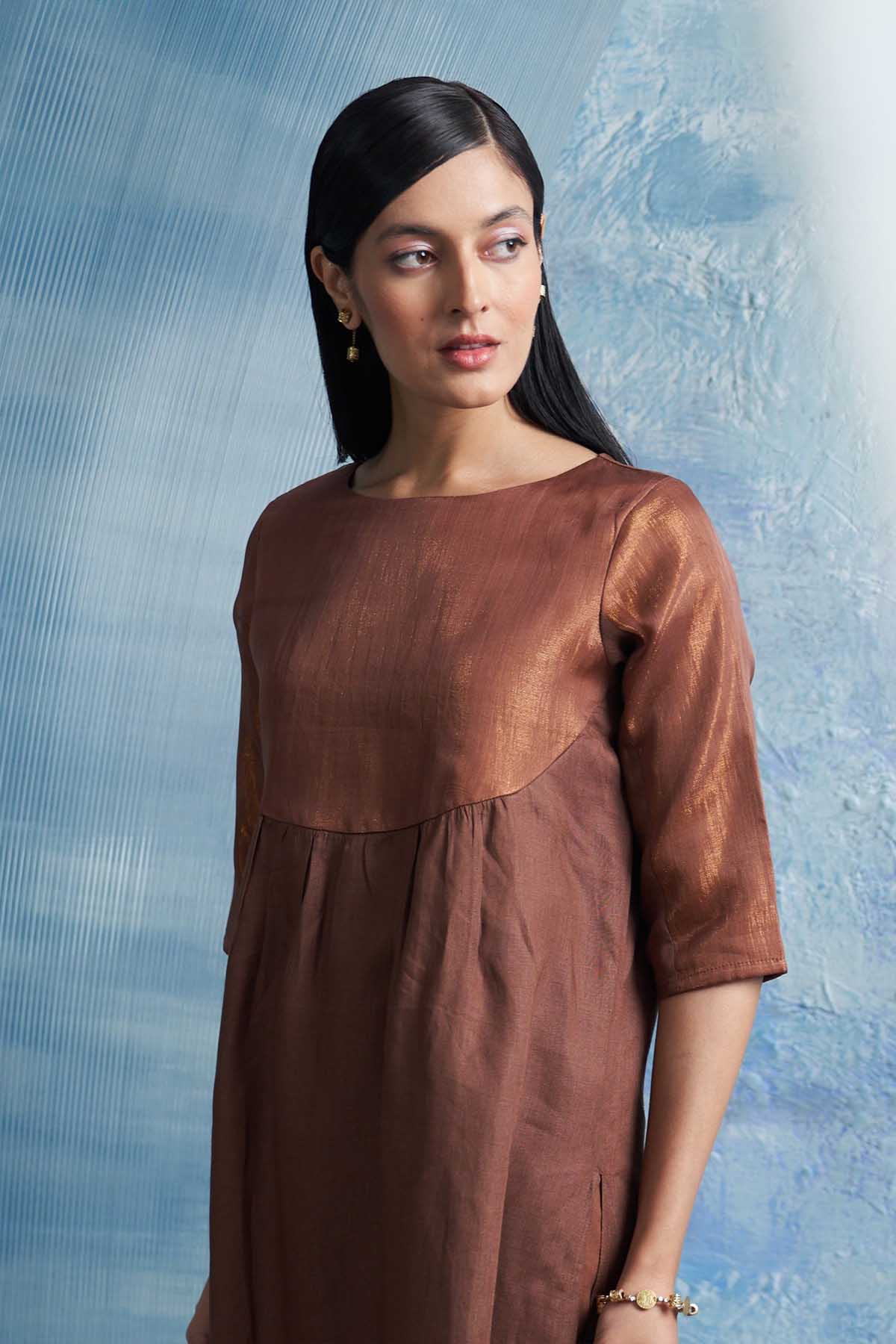 Brown Round Neck Long Kurta Set