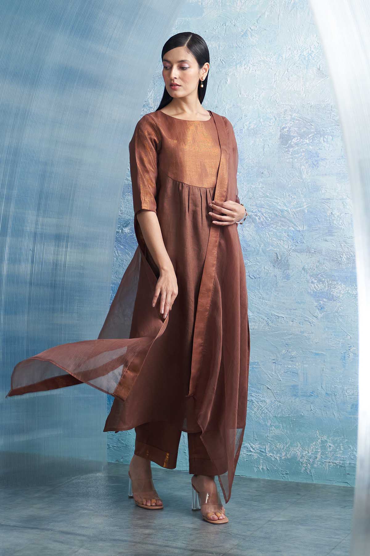 Buy Brown Round Neck Long Kurta Set by Charkhee for women online at ScrollnShops