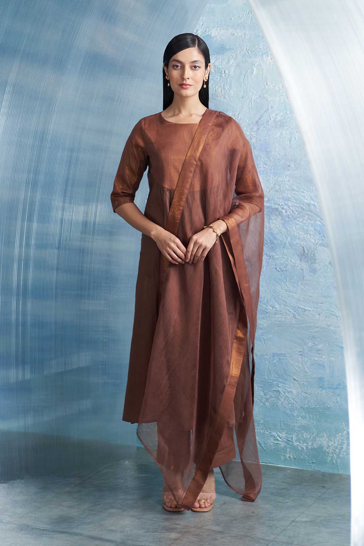 Buy Brown Round Neck Long Kurta Set Online