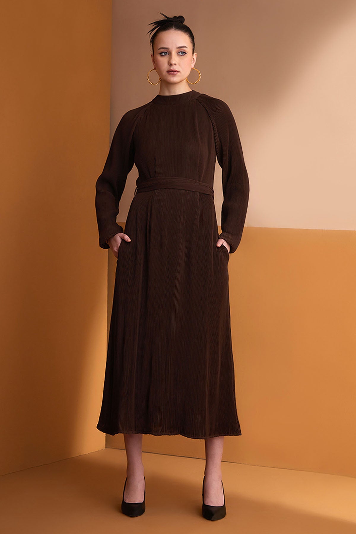 Vanten Brown Round Neck Midi Dress for women online at ScrollnShops