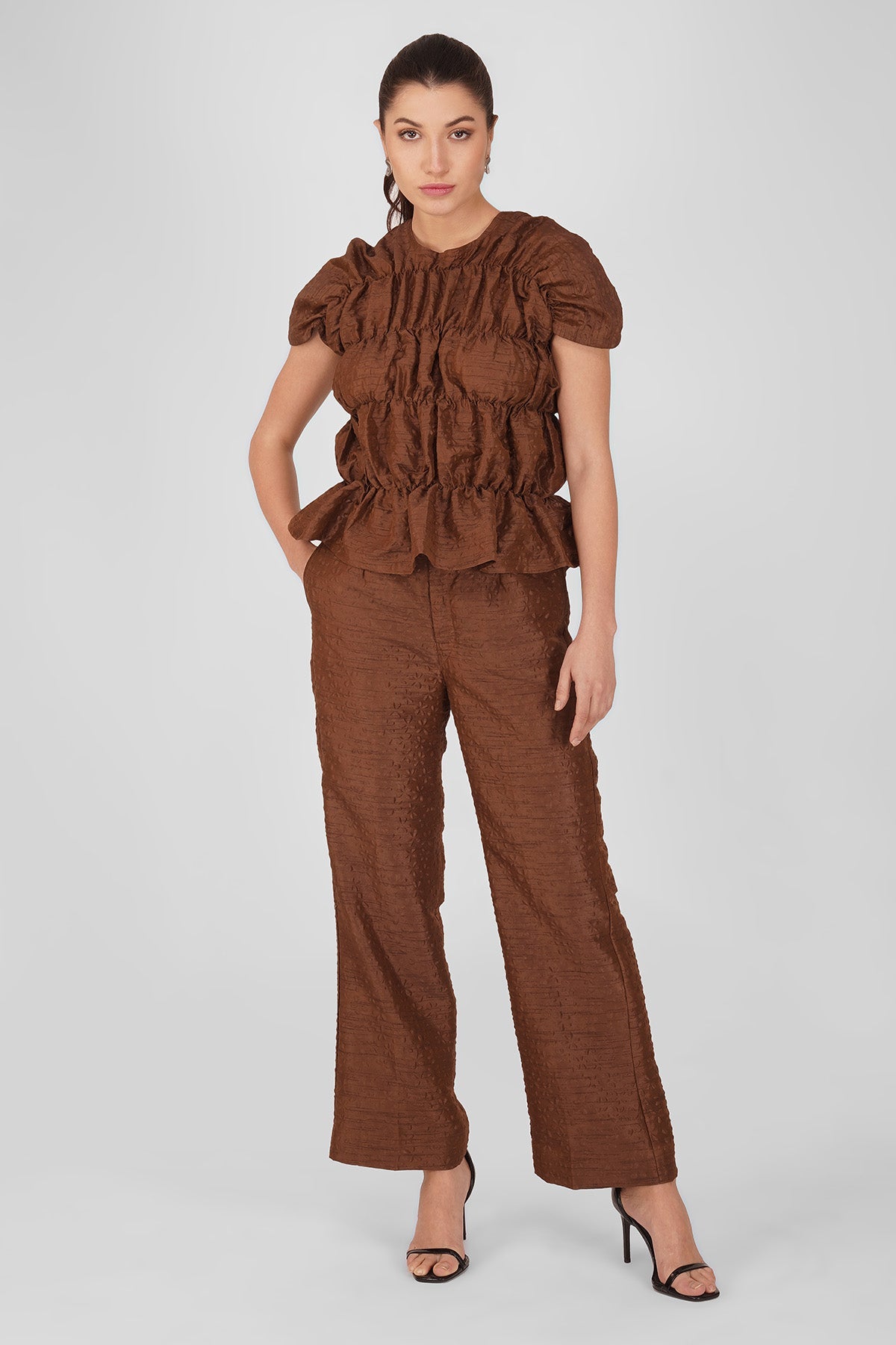 Buy Brown Ruched Top & Flared Pants by Enness Studio for women online at ScrollnShops