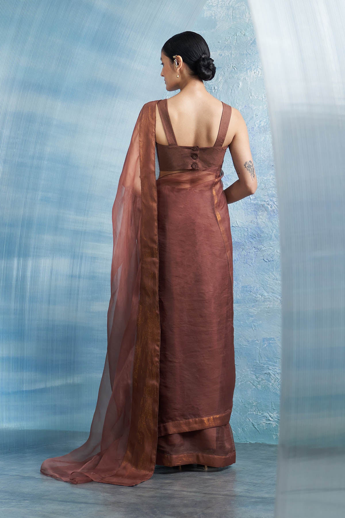 Brown Saree & Sleeveless Blouse