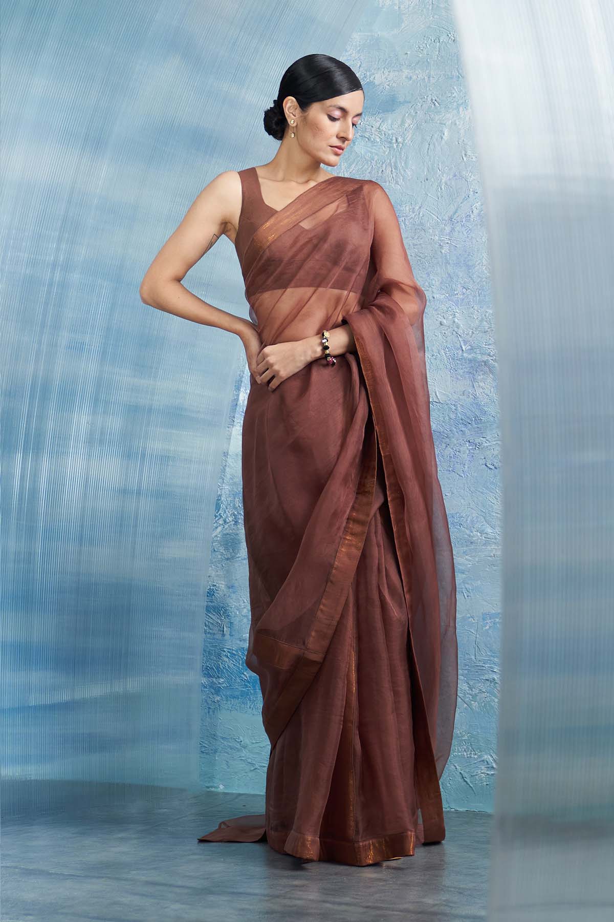 Buy Brown Saree & Sleeveless Blouse by Charkhee for women online at ScrollnShops