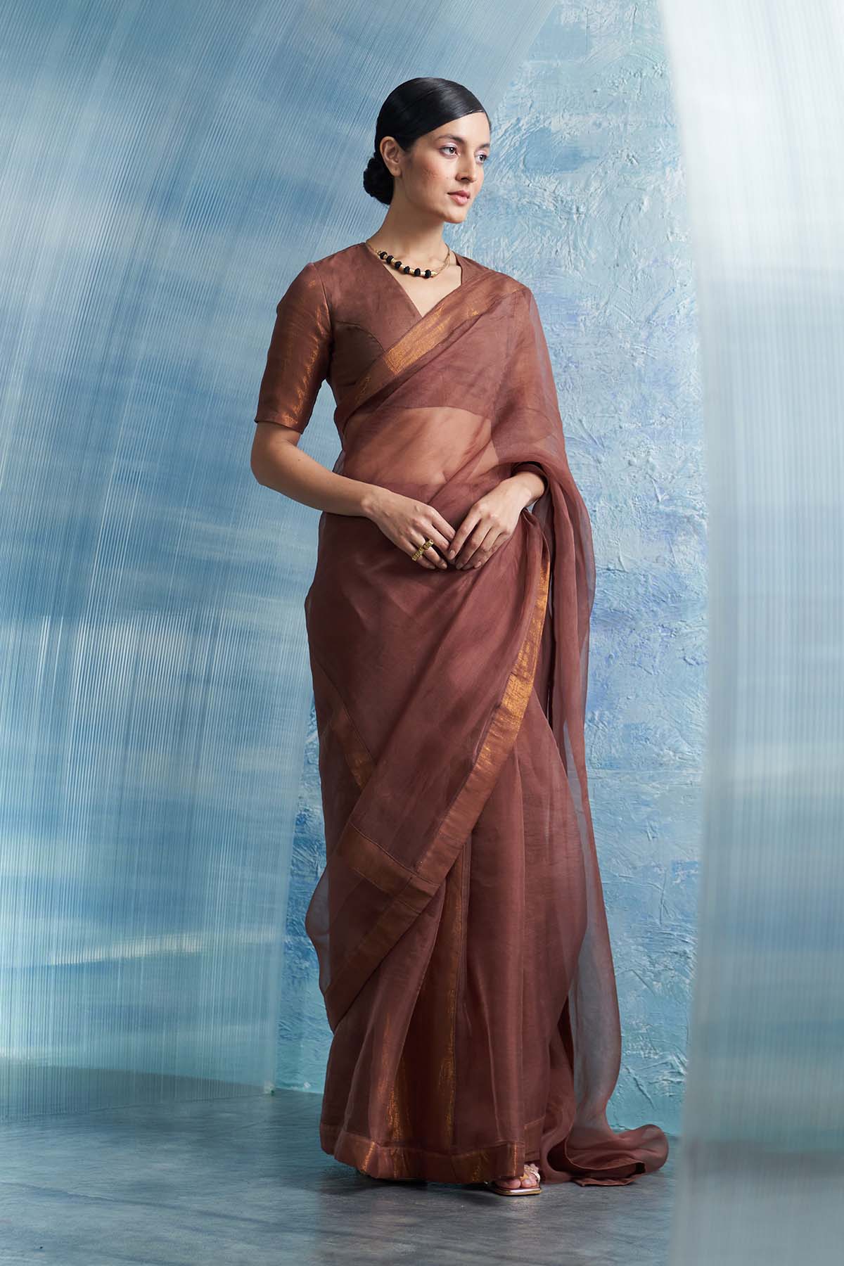 Buy Brown Saree & V-Neck Blouse Online