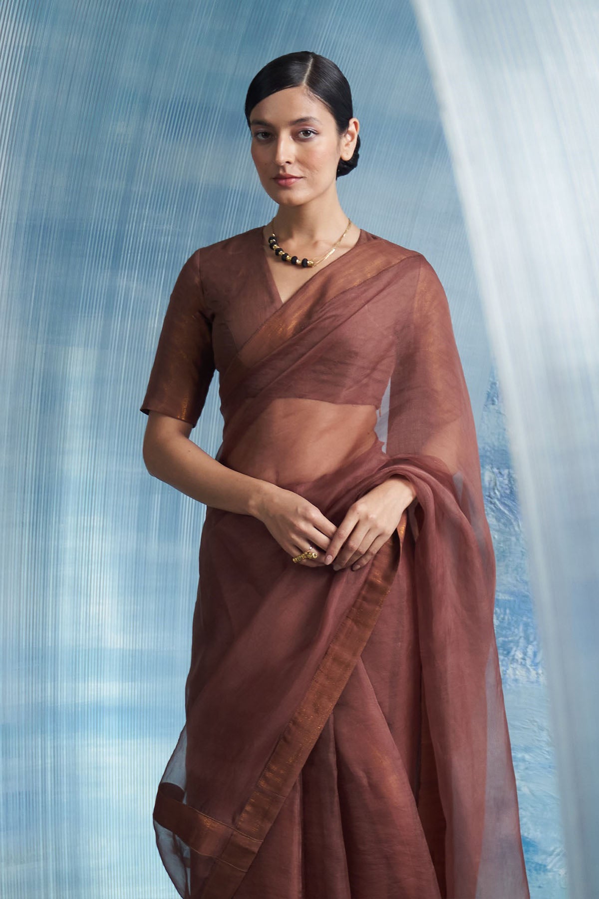 Brown Saree & V-Neck Blouse