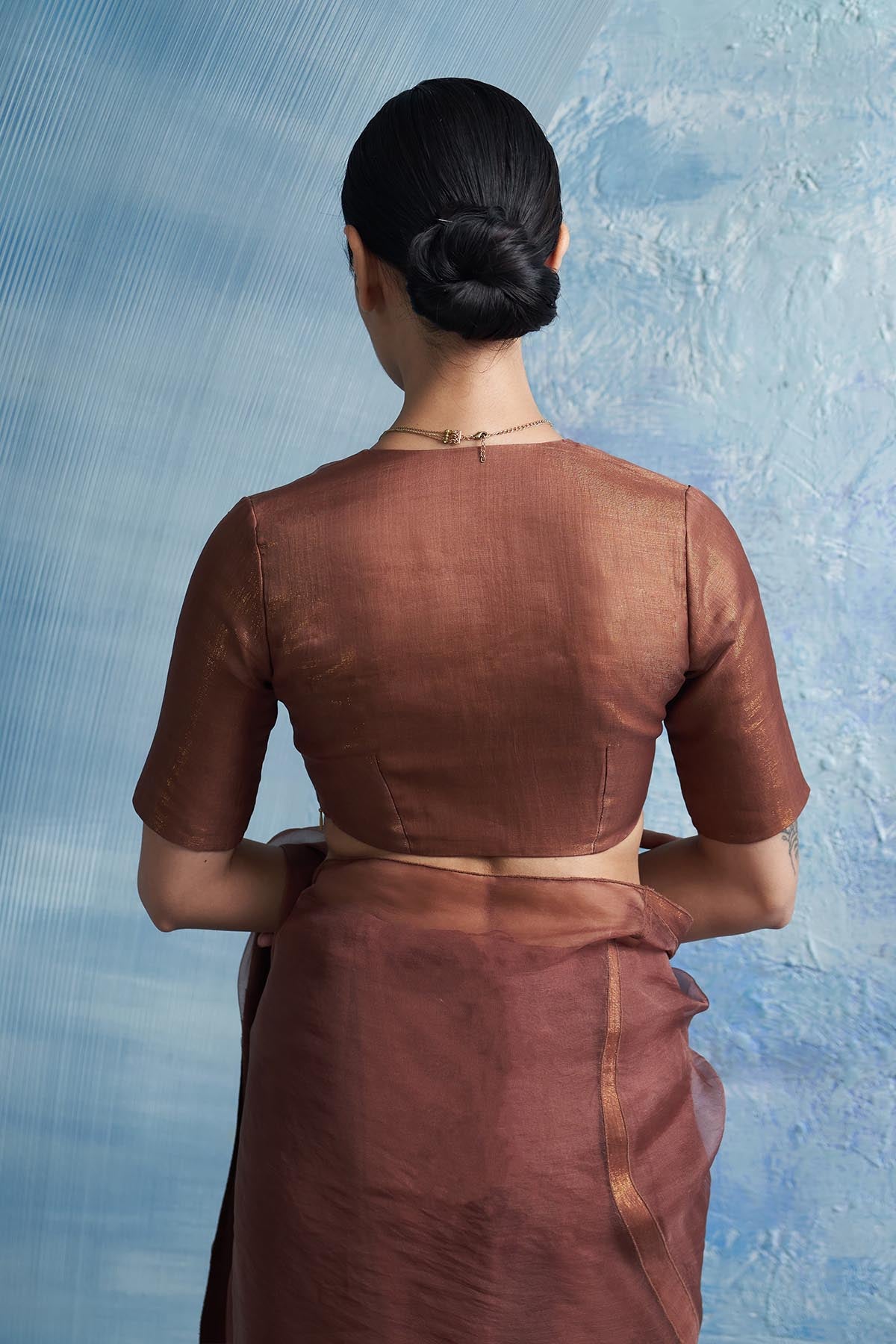 Brown Saree & V-Neck Blouse