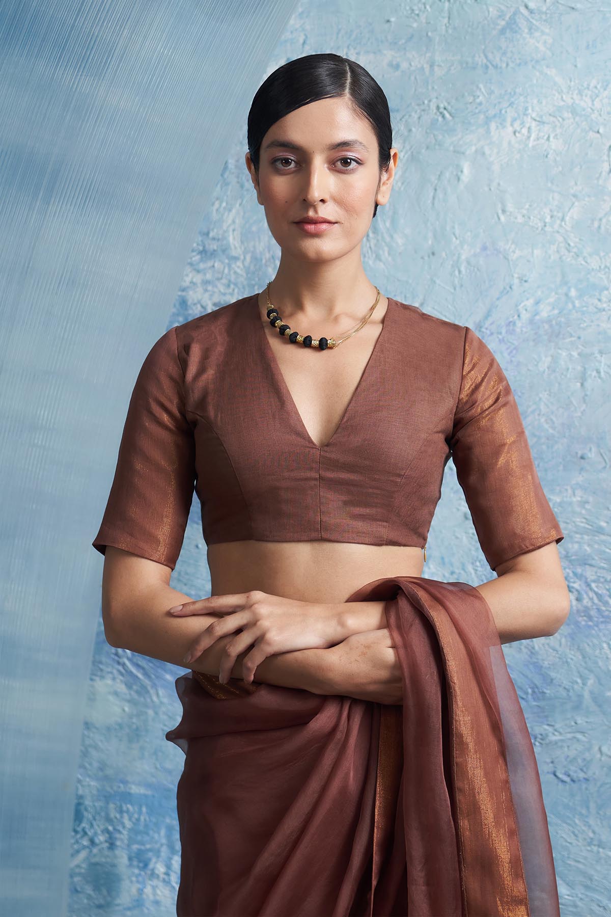 Brown Saree & V-Neck Blouse
