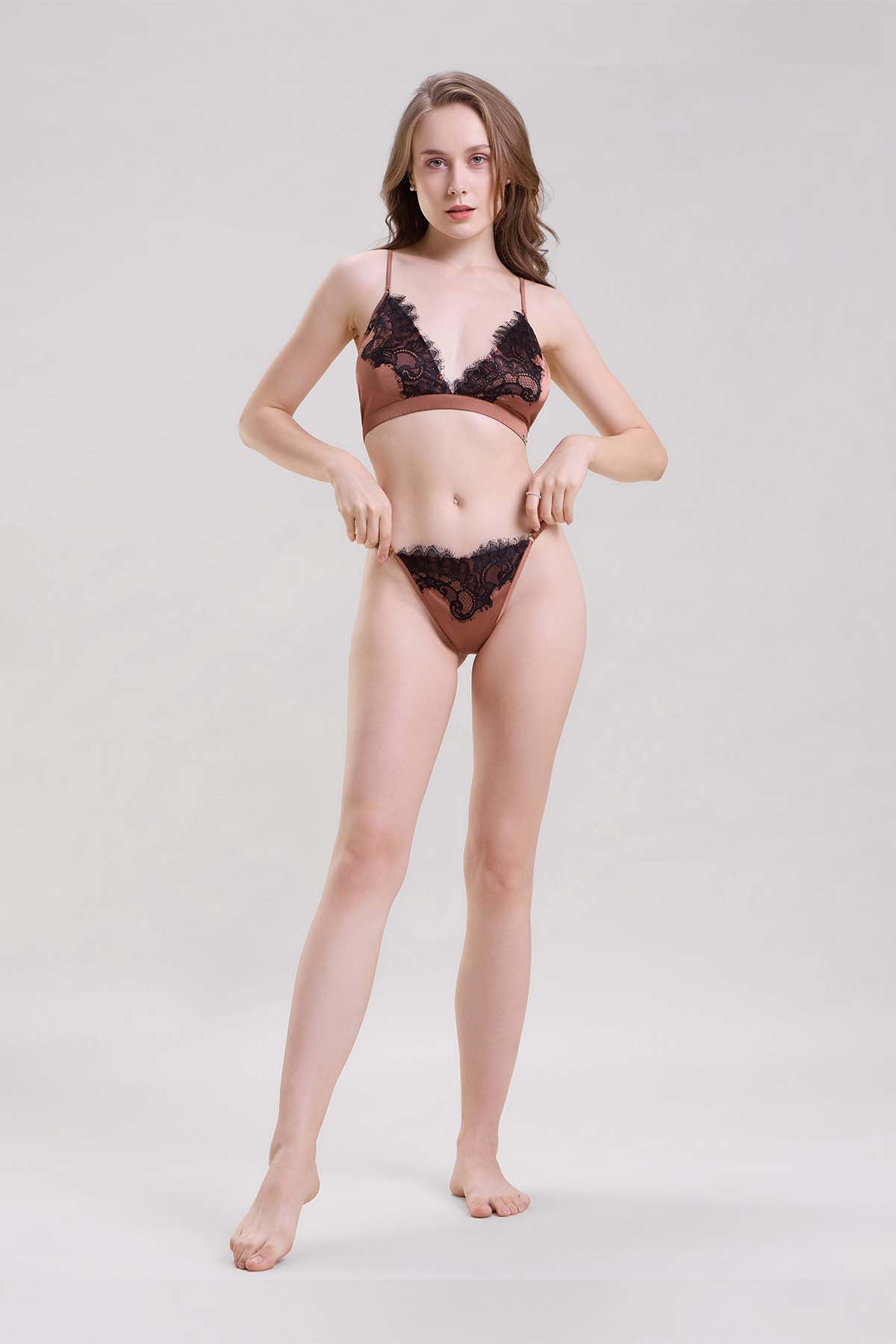 Brown Satin Lace Applique Thong