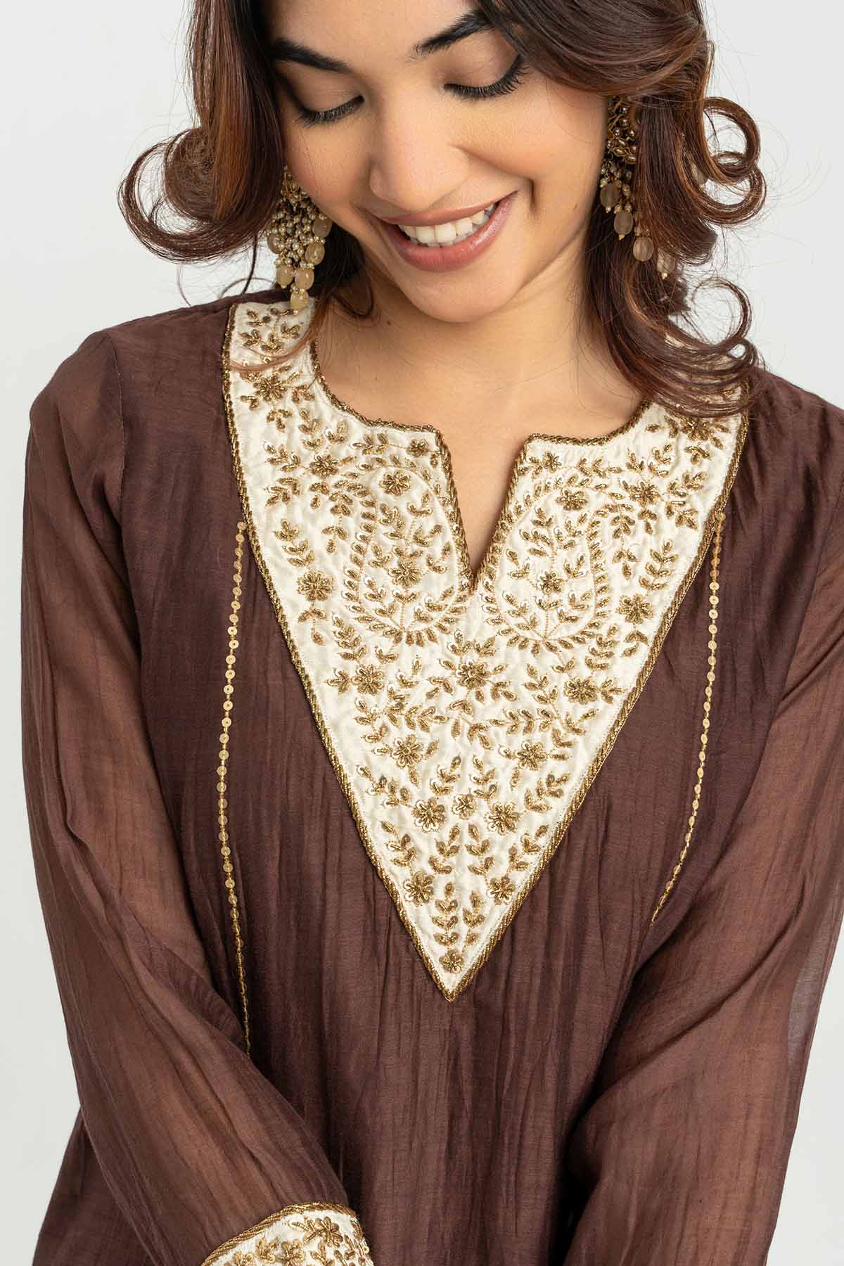 Brown Sequins Detail Kurta Set