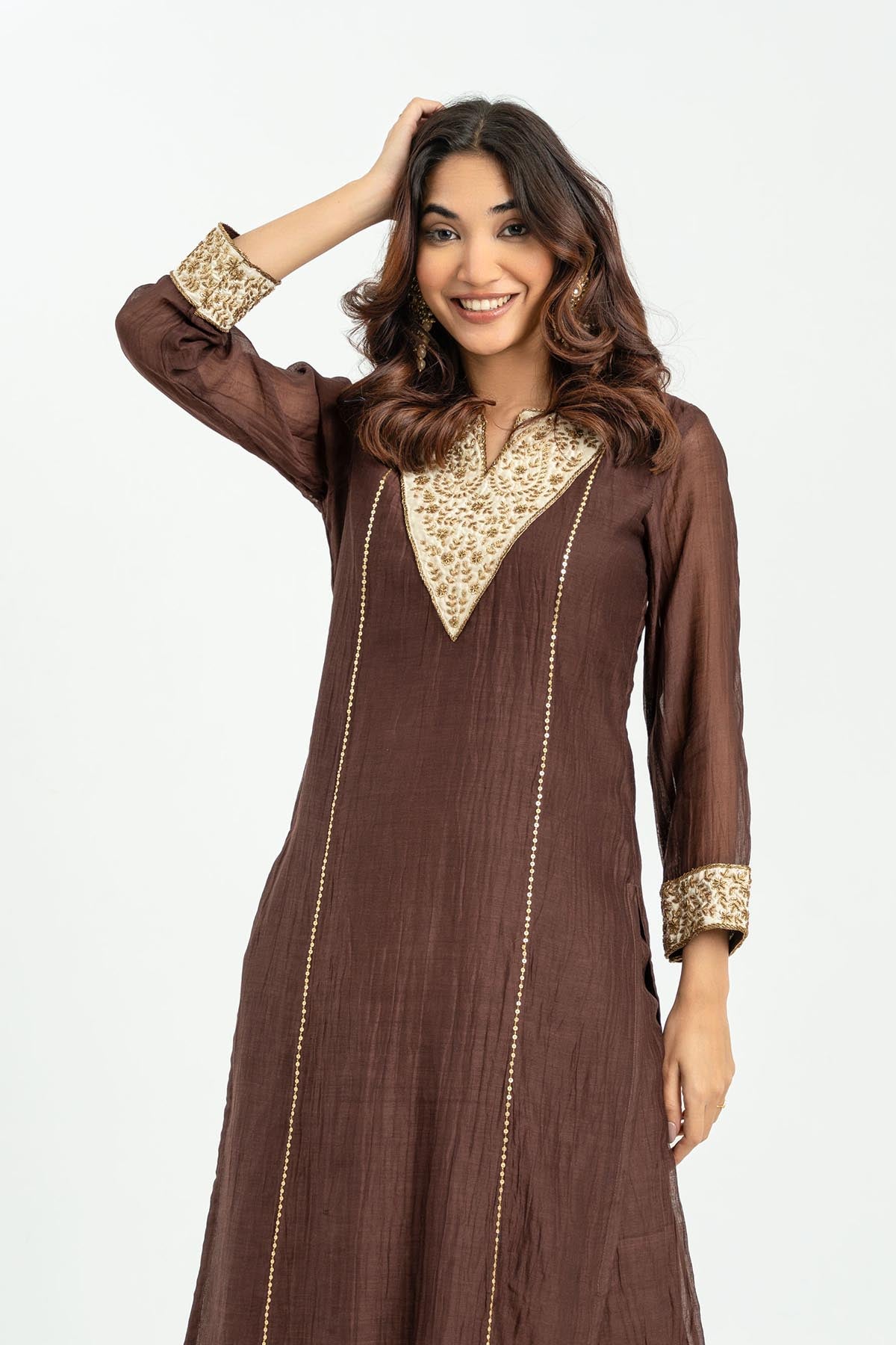 Brown Sequins Detail Kurta Set