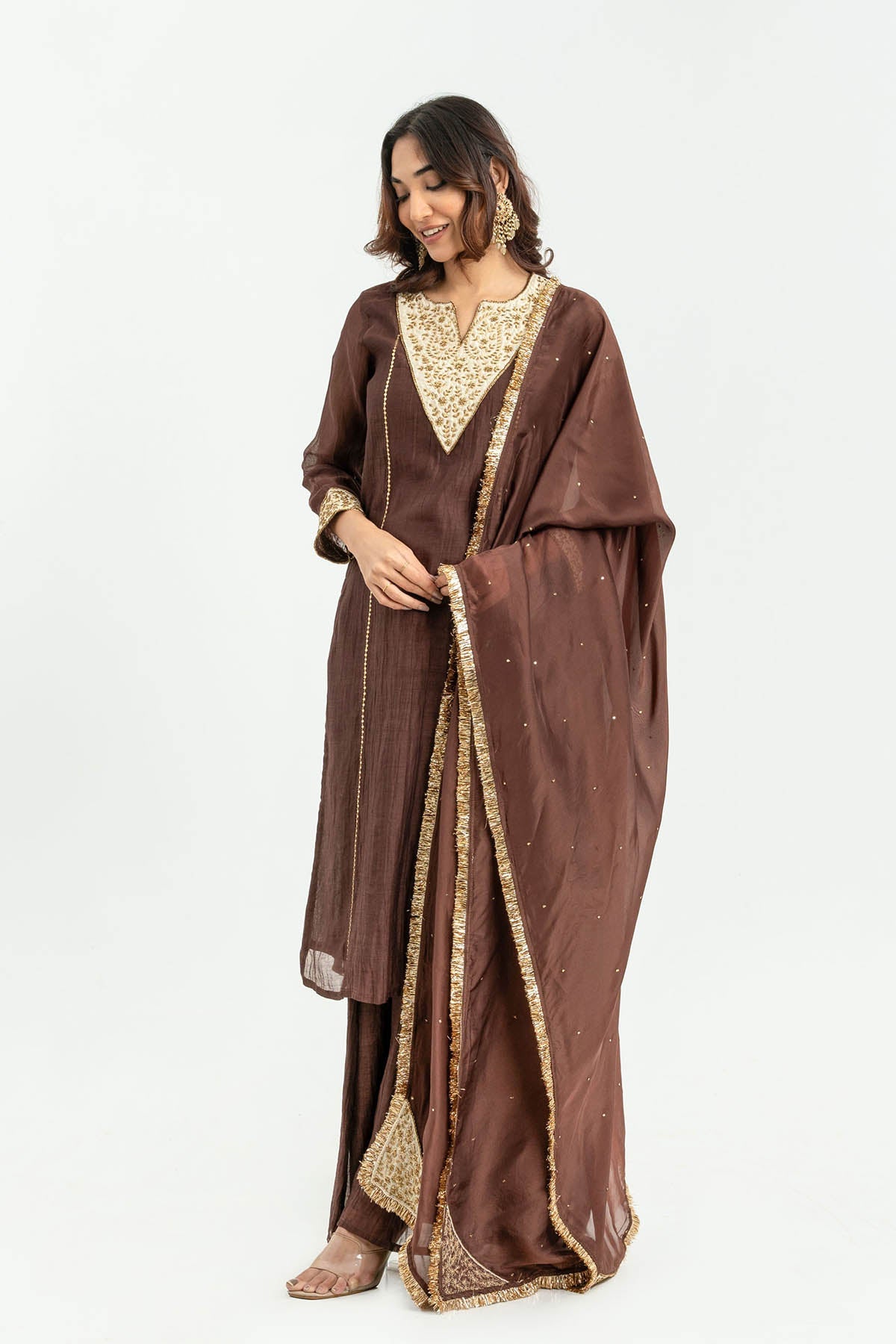 Buy Brown Sequins Detail Kurta Set by Eesha Gupta for women online at ScrollnShops