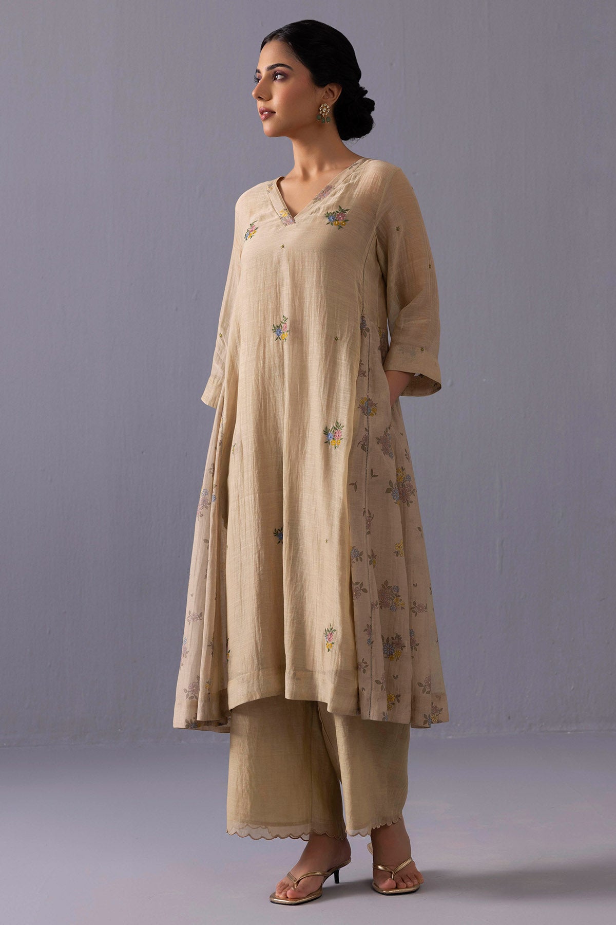 Brown Sequins Floral Kurta Set