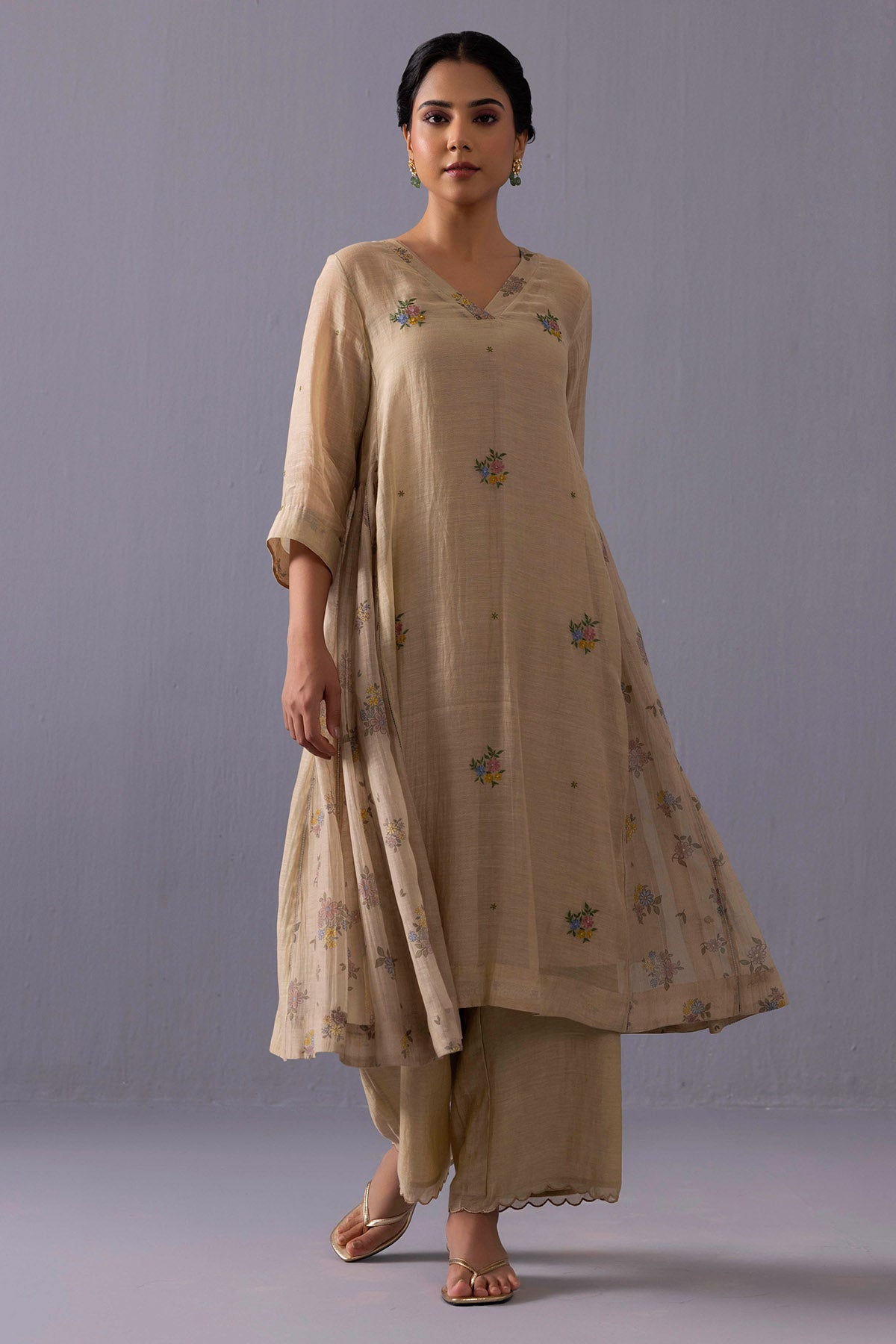 Brown Sequins Floral Kurta Set