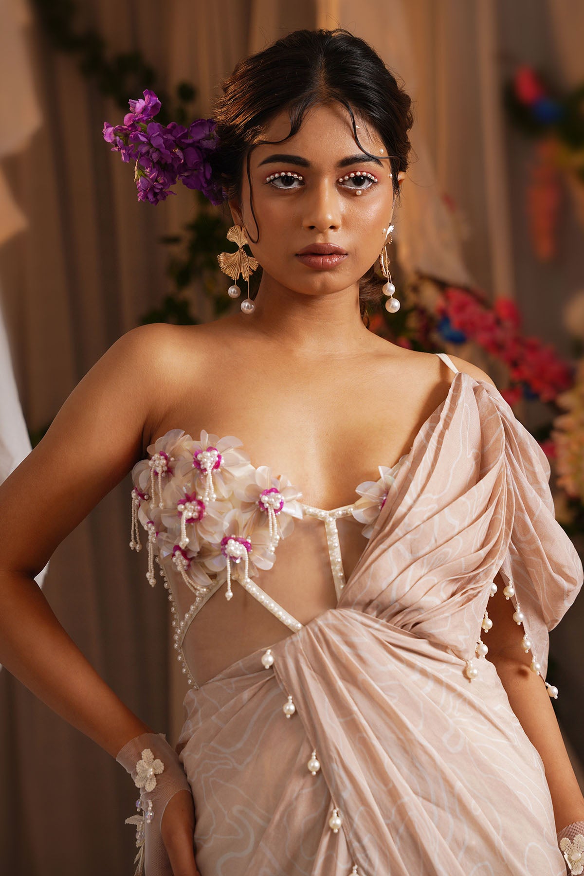 Brown Sequins Floral Saree Gown