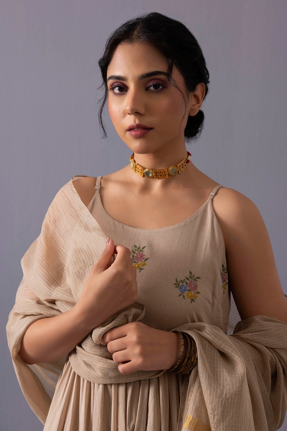 Brown Sequins Work Anarkali Set