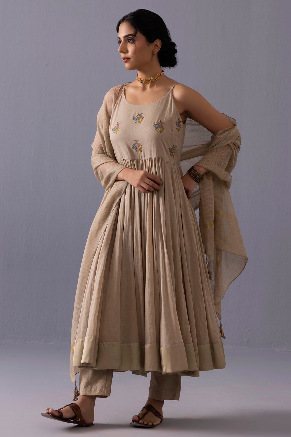 Brown Sequins Work Anarkali Set