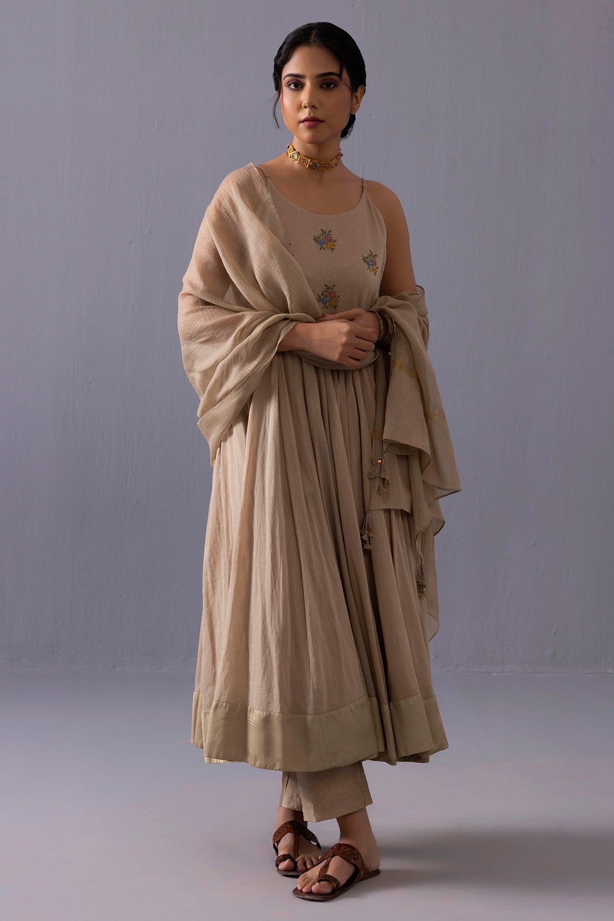 Brown Sequins Work Anarkali Set