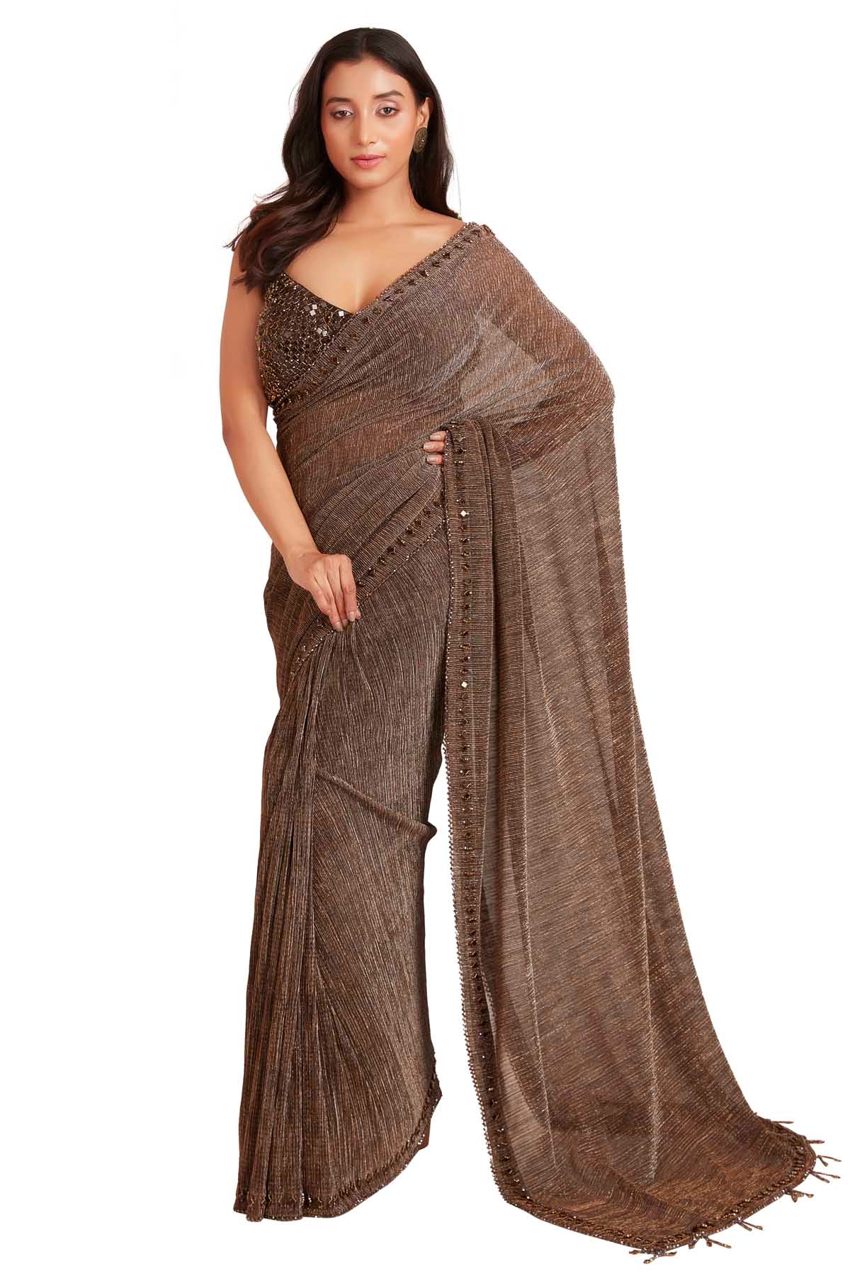 Vastra by Mala Munde Brown Shimmer Saree & Blouse for women online at ScrollnShops