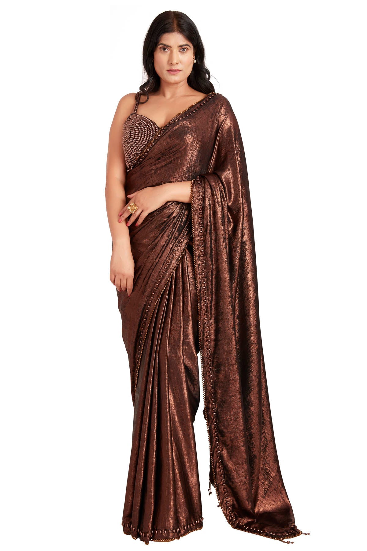 Vastra by Mala Munde Brown Shine Saree And Blouse for women online at ScrollnShops