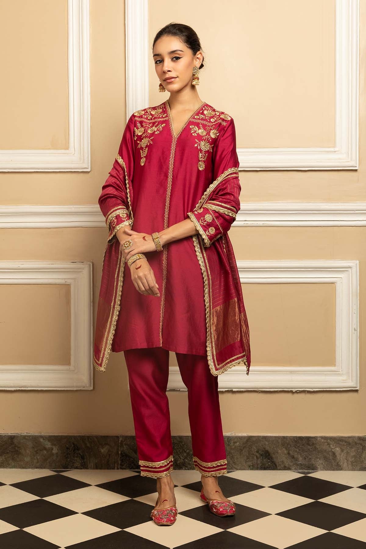 Buy Brown Silk Chanderi Kurta Set by Dohr India for women online at ScrollnShops