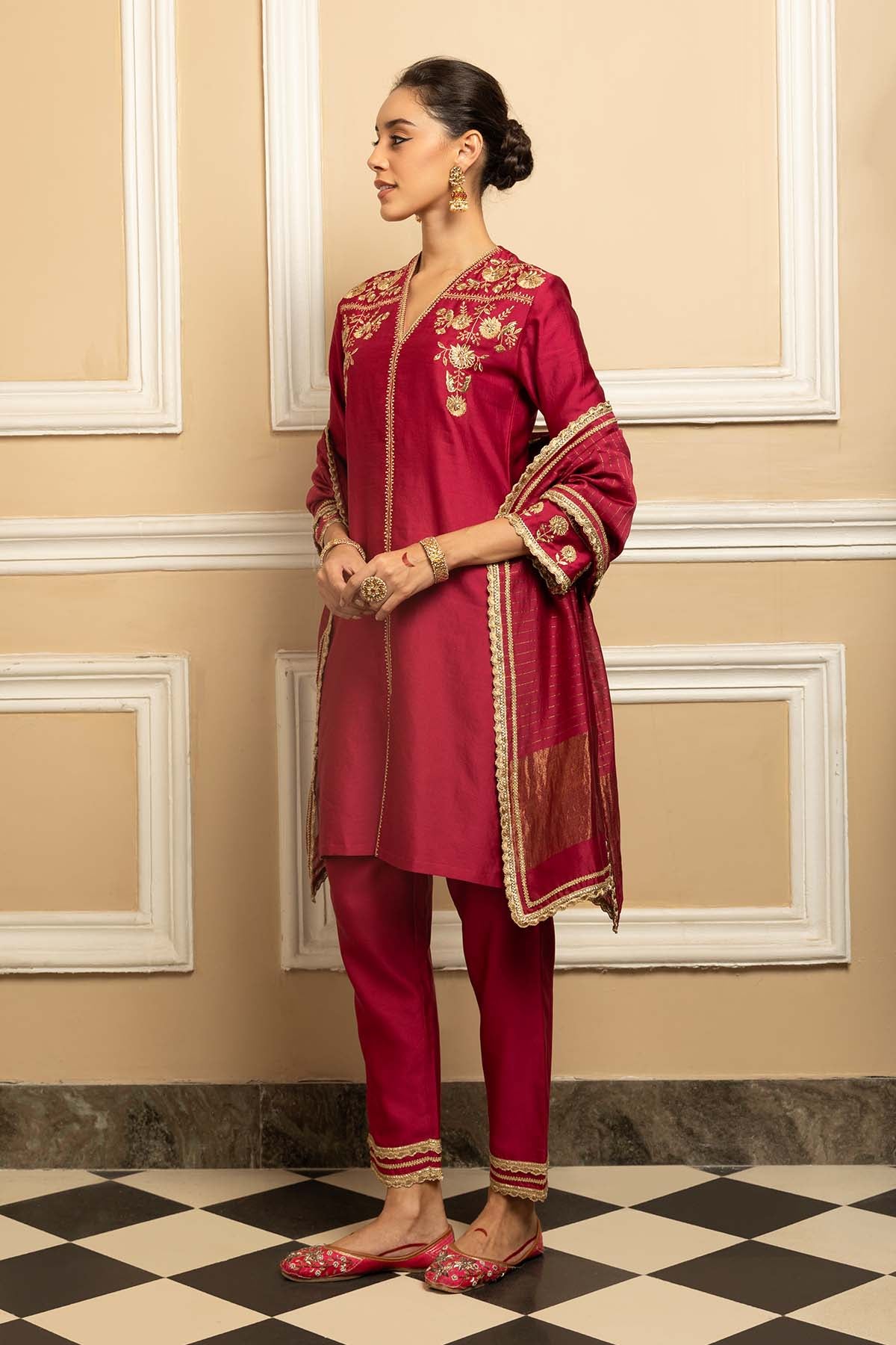 Plum Silk Chanderi Kurta Set